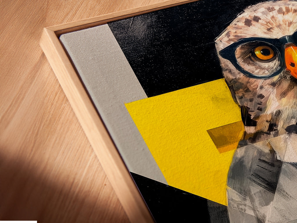 An angled close-up displays a canvas print in a floating frame. This contemporary wildlife artwork adds depth to any space. The floating frame enhances the art's modern style. The owl scientist art print is perfect for an office or study room. Bring intellectual charm to your walls.