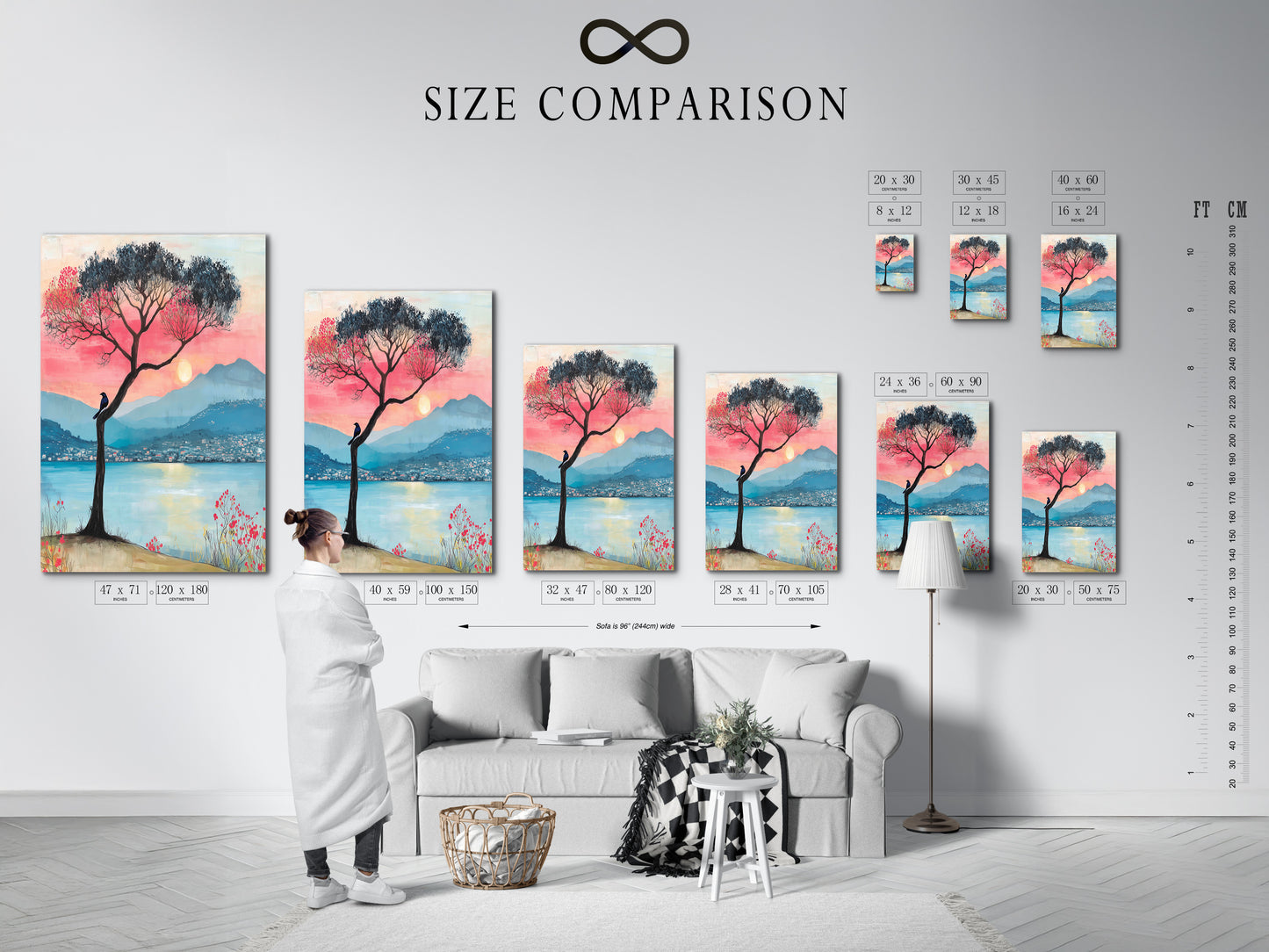 A size comparison chart displayed in an interior setting. It features a lake sunset canvas print. The mountain view artwork is available in various sizes. Find the perfect fit for your wall decor needs today.