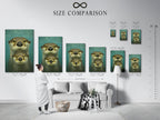 A size comparison chart shows how this otter family artwork fits in various interior spaces. This helps you visualize the perfect fit for your home. This teal wall art is ideal for coastal decor or nursery art adding a cute touch to any room.