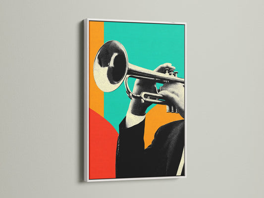 See a jazz trumpet art piece presented in a white frame. The bright frame contrasts beautifully with the orange and teal tones. This creates a clean modern look. It's great for contemporary homes and music room decor. This musician gift adds sophistication to any space.