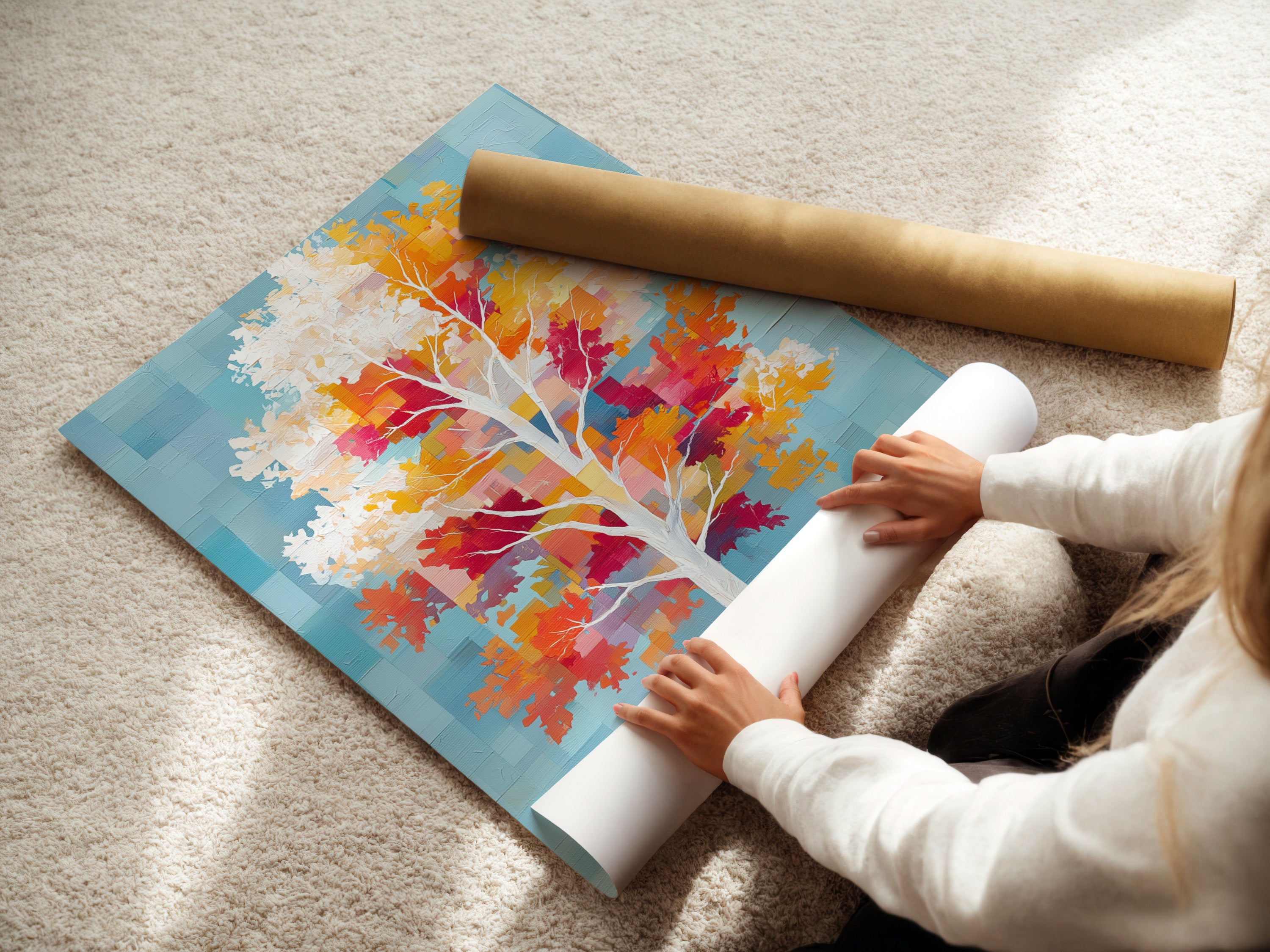 A woman is carefully rolling a fine art poster paper. Preparing it for framing or display. The paper showcases a colorful tree art print. It will soon become a beautiful piece of autumn leaves canvas wall art. This adds pixelated nature artwork to any interior.