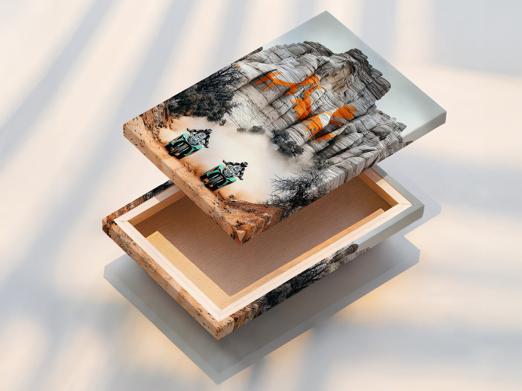 Showcasing a stretched canvas print of desert adventure art. Perfect for creating motorcycle wall art or sports canvas prints. Homeowners and sports fans can add adventure artwork to their space. This stretched canvas print is ideal for displaying desert landscape motorcycle prints. Elevate your decor today.