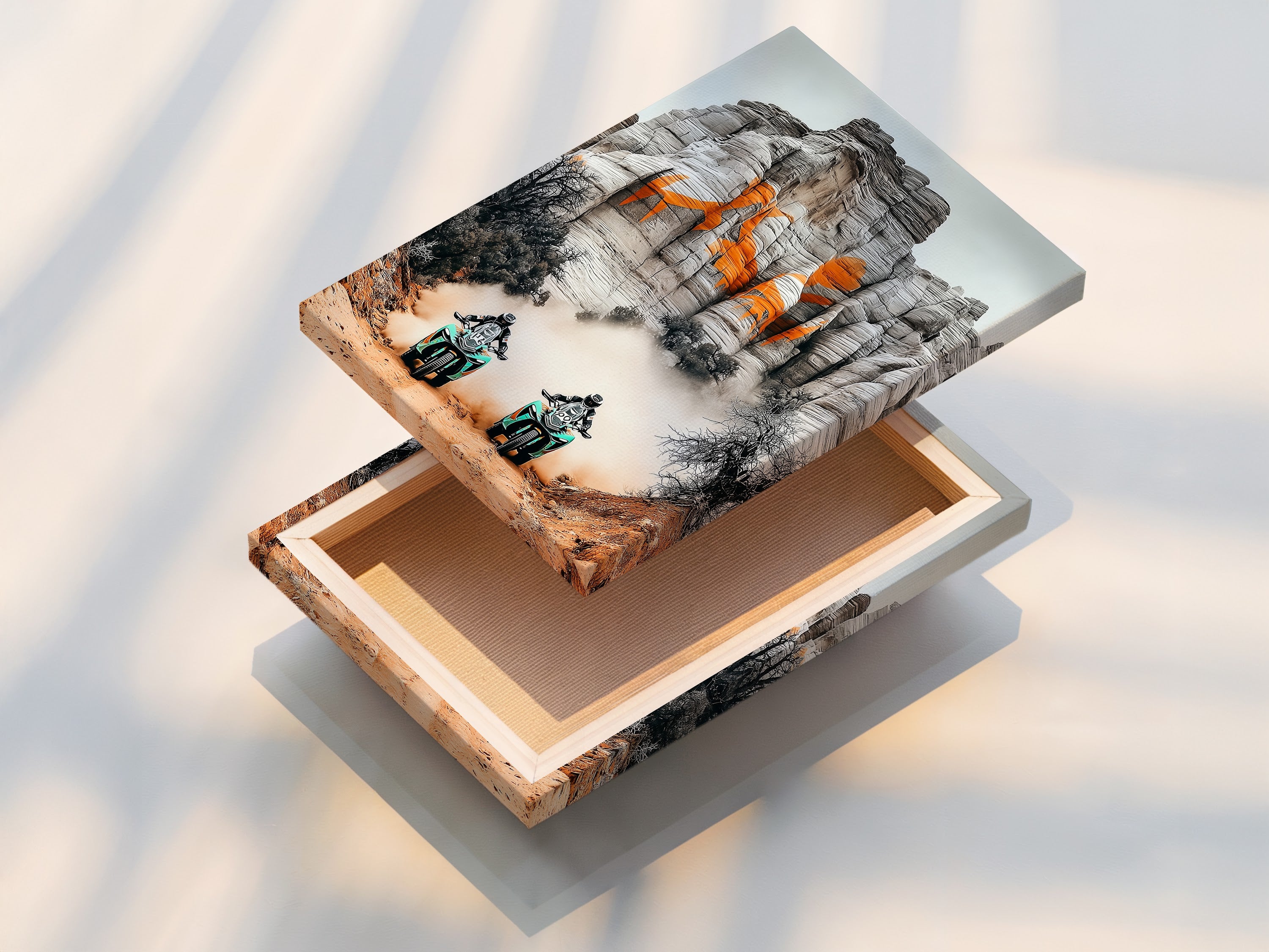 Showcasing a stretched canvas print of desert adventure art. Perfect for creating motorcycle wall art or sports canvas prints. Homeowners and sports fans can add adventure artwork to their space. This stretched canvas print is ideal for displaying desert landscape motorcycle prints. Elevate your decor today.