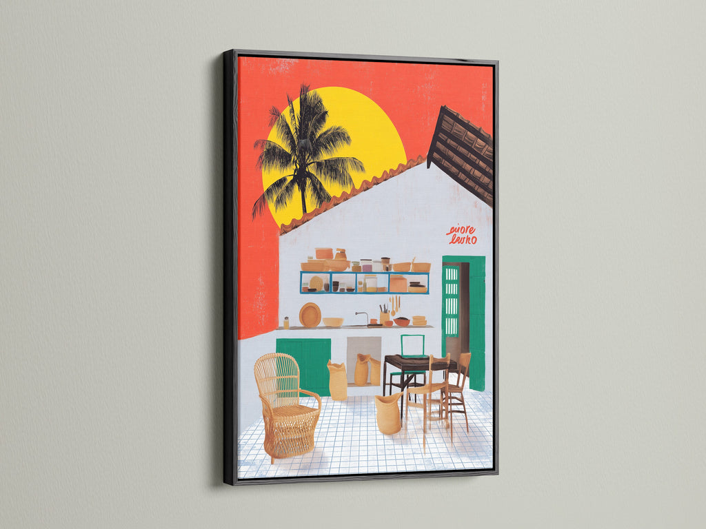 A coastal kitchen canvas artwork is framed in black. The tropical palm wall art adds a modern touch to island decor. This vacation home artwork brings the beach house vibe. It is a striking piece of coastal artwork. Enhance your space today.