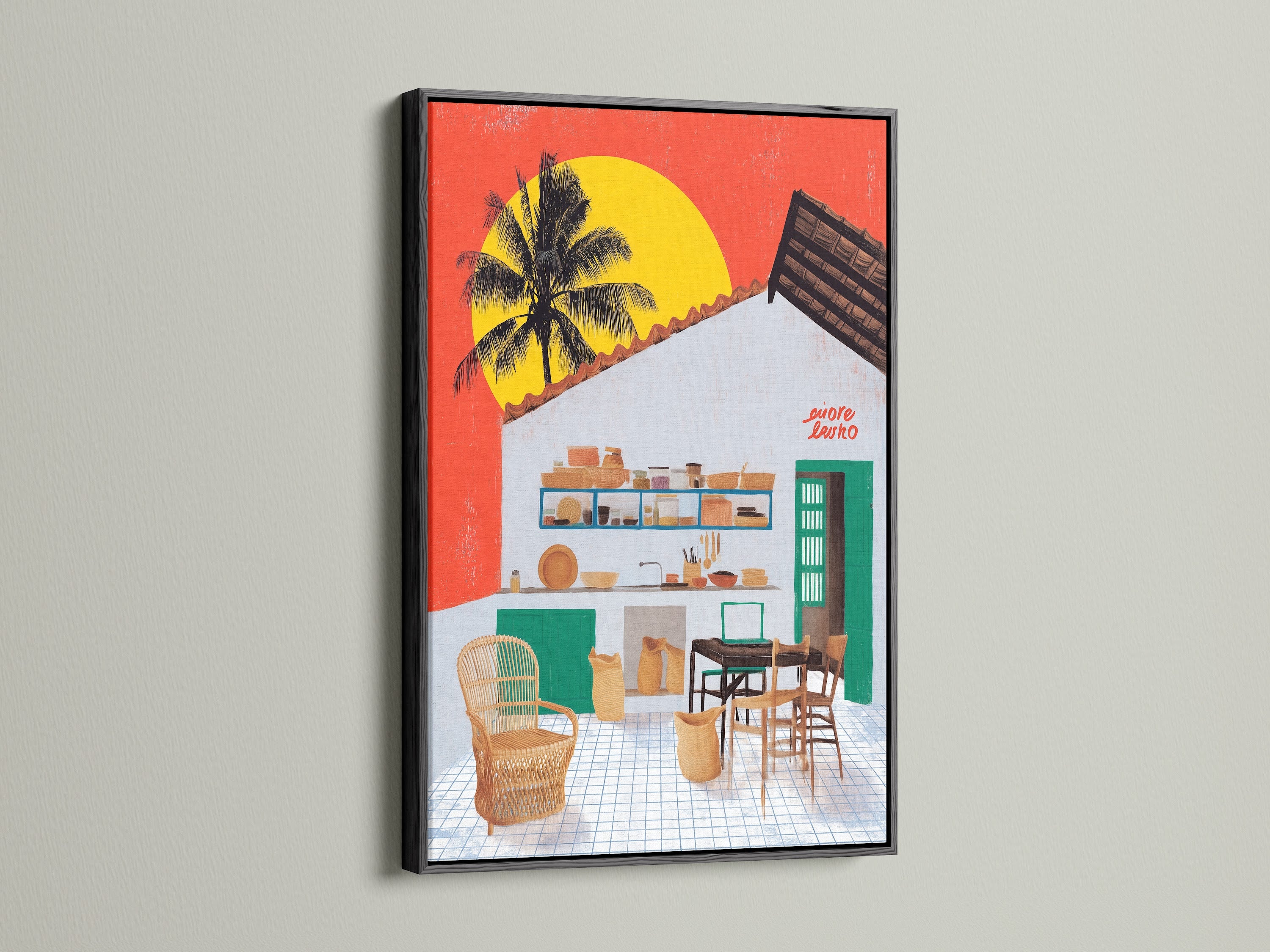 A coastal kitchen canvas artwork is framed in black. The tropical palm wall art adds a modern touch to island decor. This vacation home artwork brings the beach house vibe. It is a striking piece of coastal artwork. Enhance your space today.