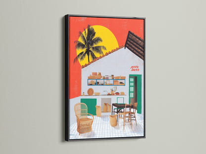 A coastal kitchen canvas artwork is framed in black. The tropical palm wall art adds a modern touch to island decor. This vacation home artwork brings the beach house vibe. It is a striking piece of coastal artwork. Enhance your space today.