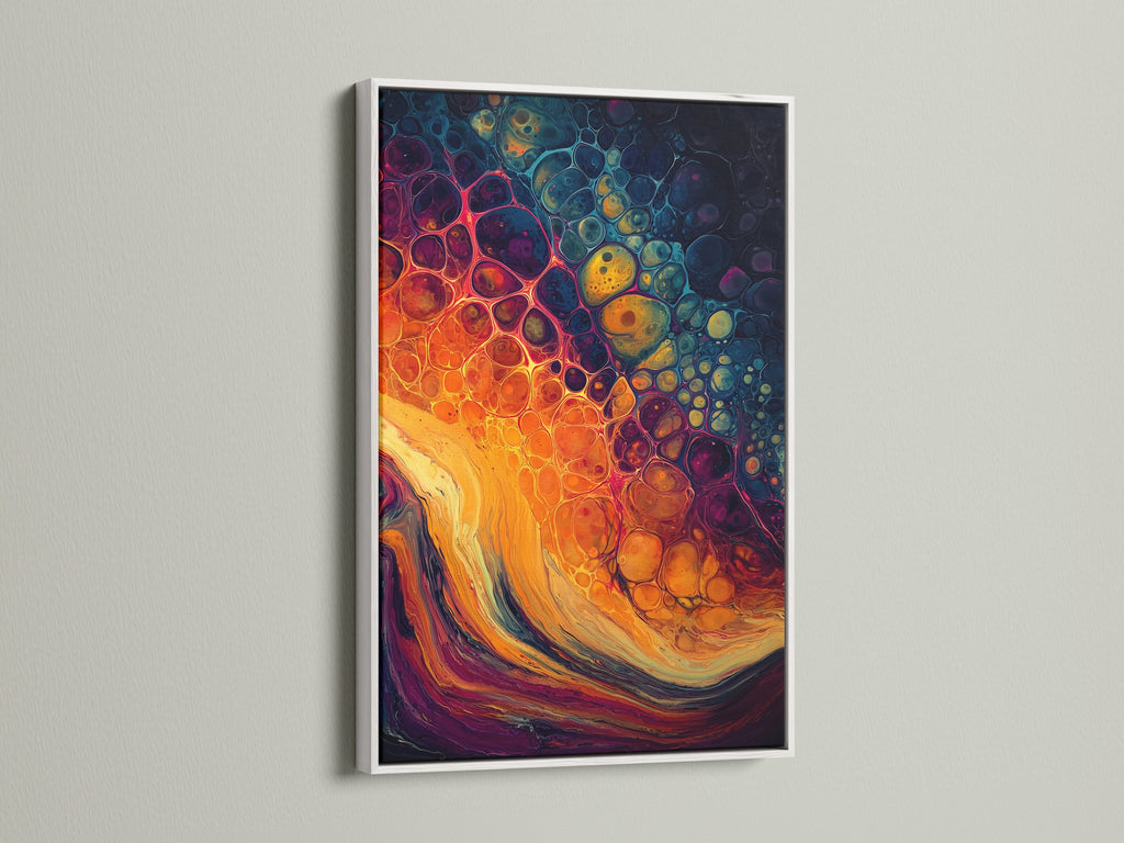 Vibrant abstract artwork showcased in a sleek white frame. The crisp white frame enhances the colorful art. This modern frame creates a clean look. See how a white frame makes your artwork pop. It's perfect for contemporary spaces.