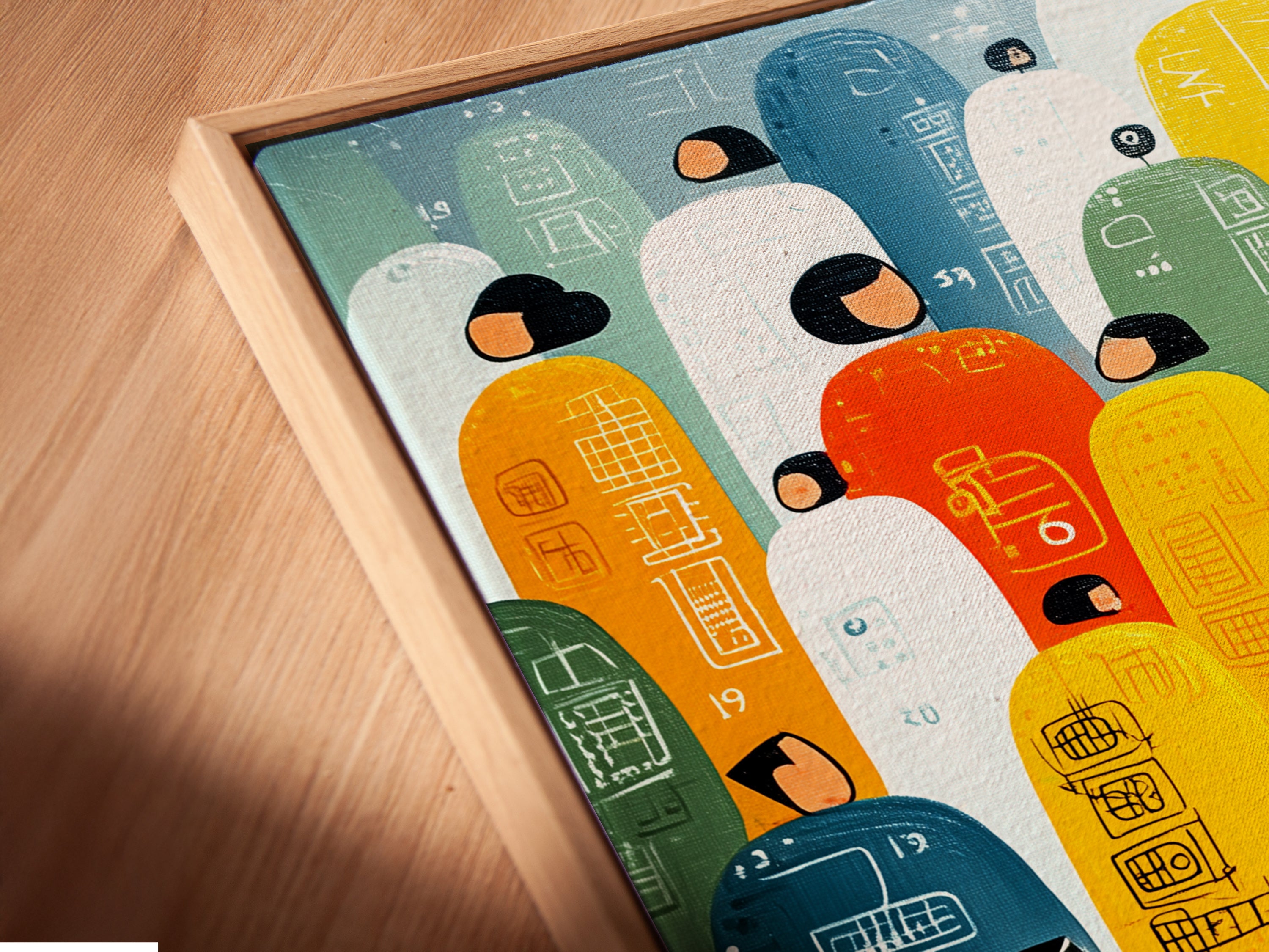 Close-up angled view of a Bicycle Riders canvas print. It is displayed in a floating frame. Abstract city wall art. The floating frame gives a contemporary touch. Colorful commute artwork for office decor. This is a stylish choice for modern homes.