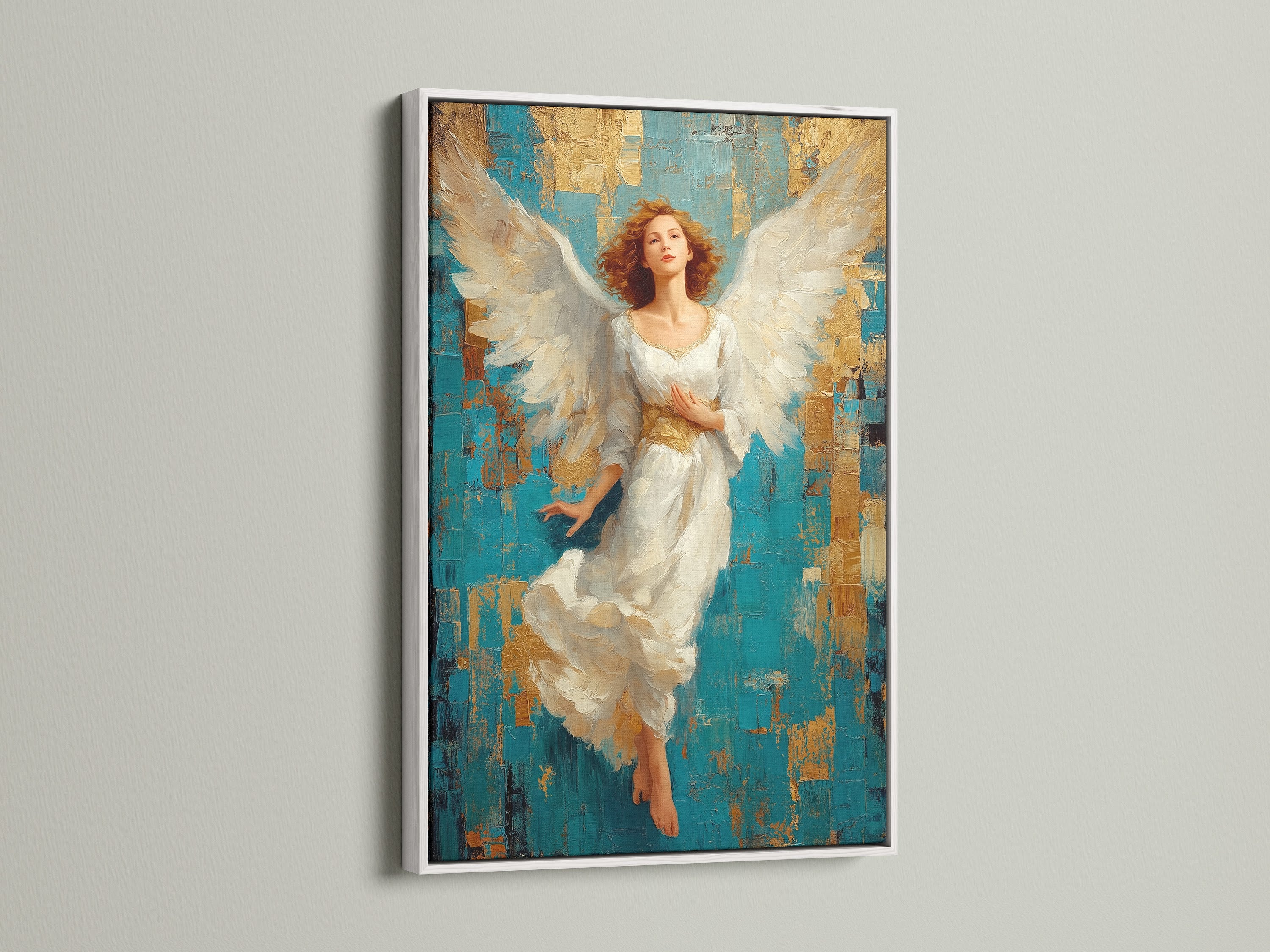 The artwork features a white frame. The bright white frame offers a clean modern look. This enhances the artwork. It helps make it stand out. White frames provide a versatile and stylish option.