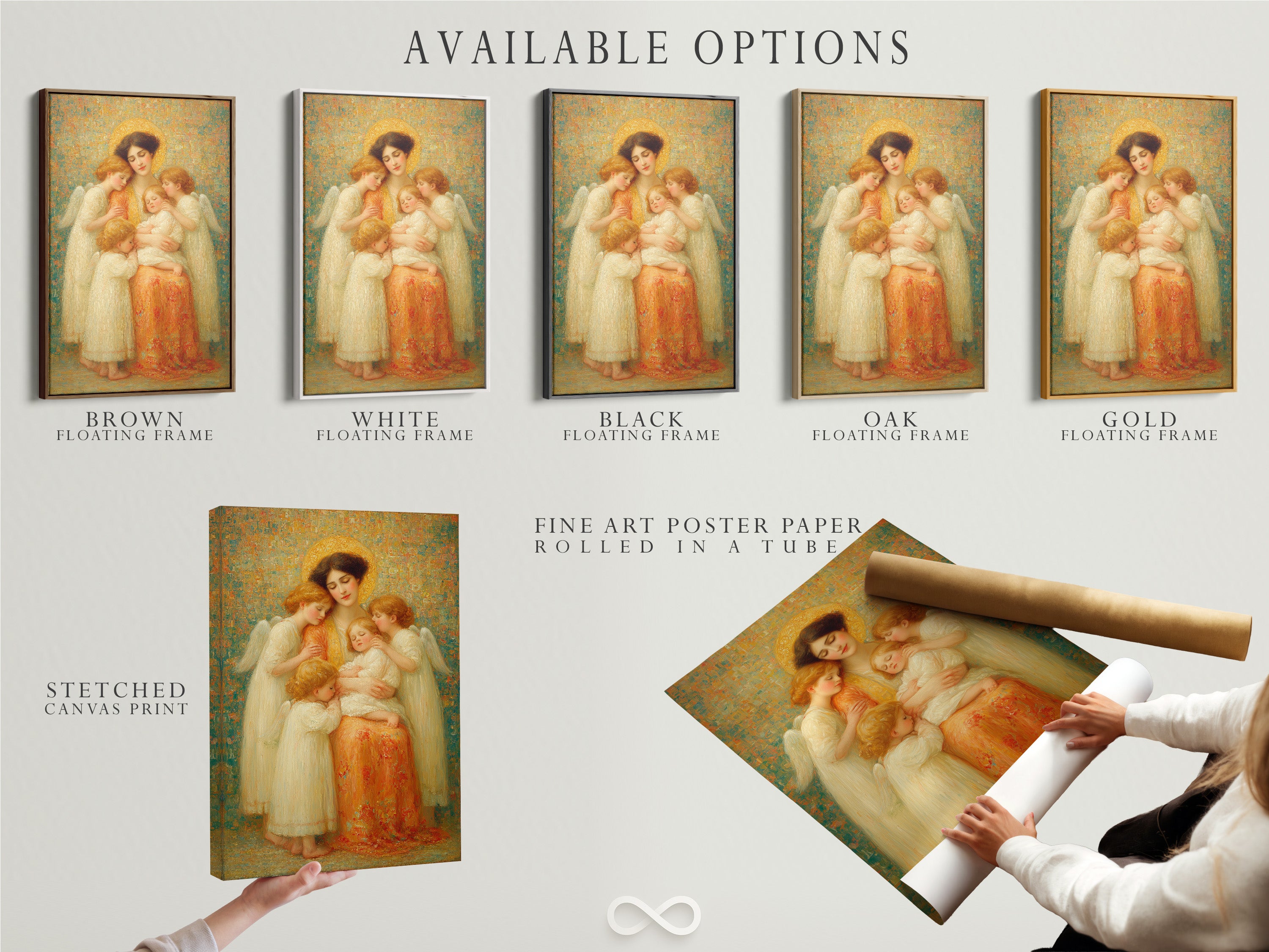 Available options for Madonna & Child Renaissance Angel Wall Art. Options include: stretched canvas print fine art poster paper and floating frame. Customize your religious decor. Find the perfect angel artwork for your nursery bedroom.