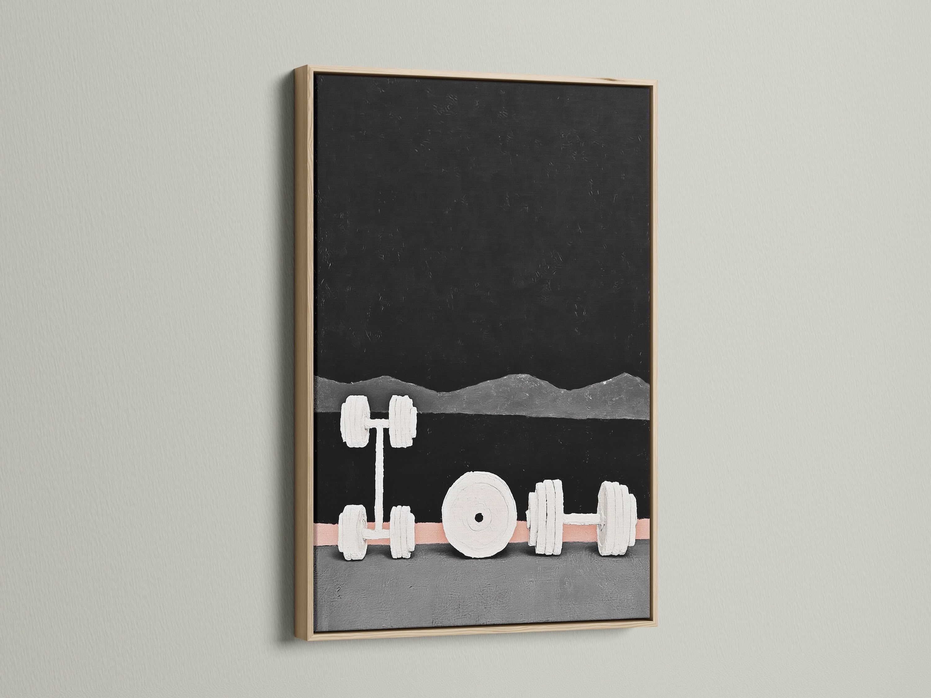 This is an oak frame surrounding modern gym weights artwork. The fitness wall art has an abstract dumbbell design. The contemporary piece enhances any gym decor. It's a perfect gift for fitness fanatics. The oak frame adds a natural touch to your workout space.