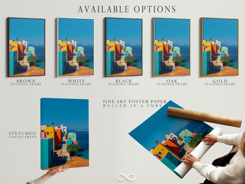 This shows available options: stretched canvas print fine art poster paper and floating frame. Choose the perfect format for your favorite artwork. Each option offers a unique look and feel. Find the best fit for your style and space. Customize your art.