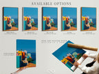 This shows available options: stretched canvas print fine art poster paper and floating frame. Choose the perfect format for your favorite artwork. Each option offers a unique look and feel. Find the best fit for your style and space. Customize your art.