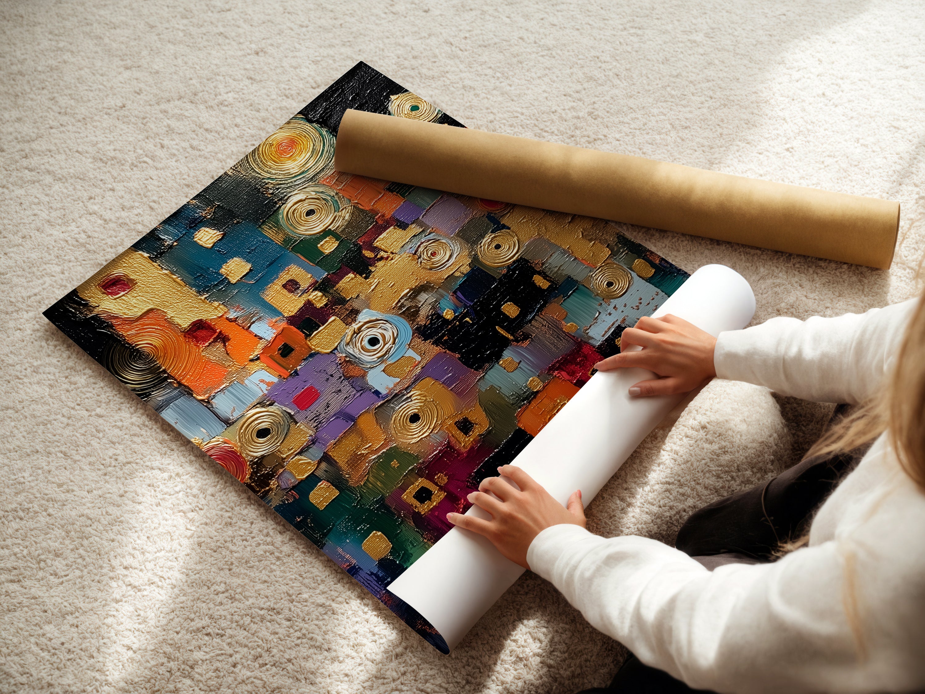A woman is carefully rolling a fine art poster paper. The abstract textured artwork is ready for framing. Colorful modern wall art adds style to any room. It is a contemporary mixed media art print. This vibrant artwork is perfect for home or office decor.