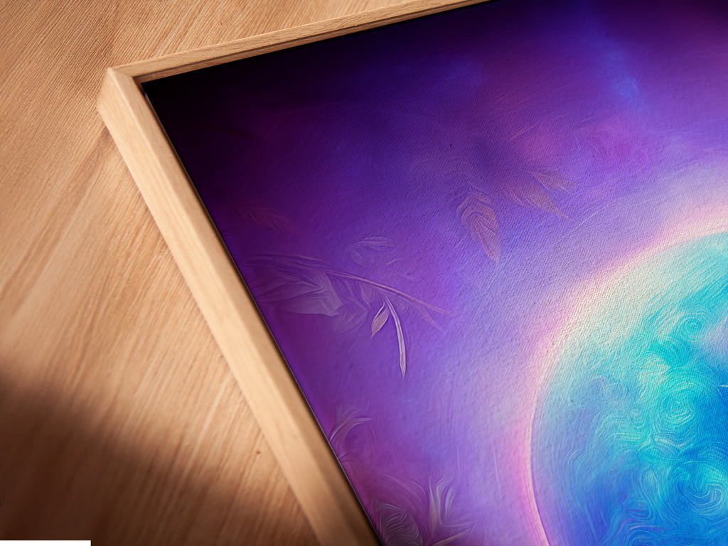A close-up reveals a canvas print of Yin Yang art in a floating frame. The cosmic purple and blue hues enhance the spiritual feel. The zen decor creates a balanced atmosphere. It's perfect for modern interiors. The floating frame adds a stylish touch.