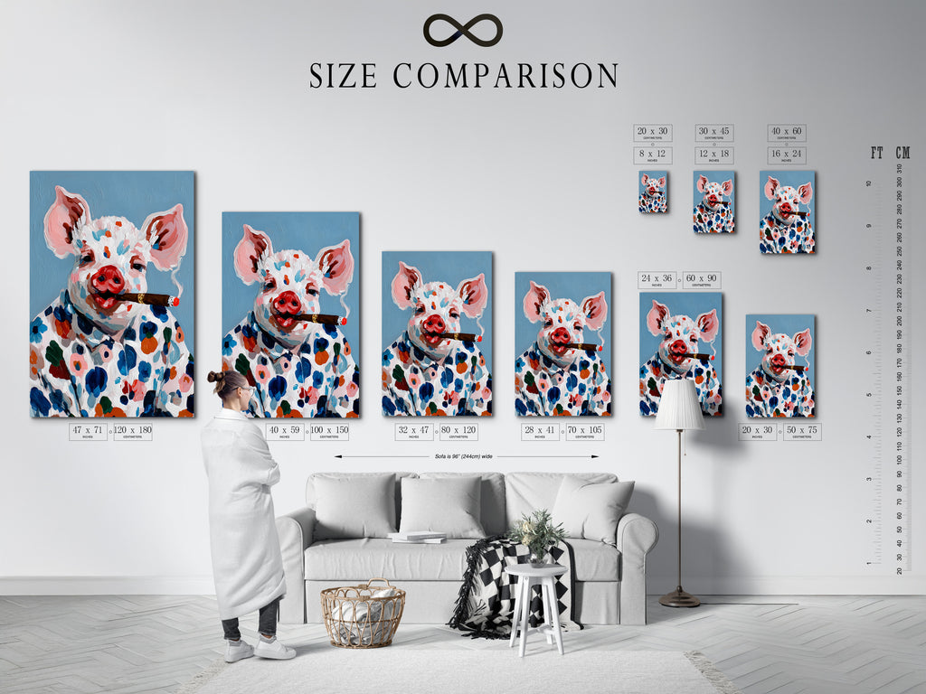 A size comparison chart is displayed in an interior setting. The chart showcases various sizes for the pig art canvas print. This helps visualize how the artwork will fit in your space. The colorful farm animal art adds a whimsical touch to any room. Choose the perfect size to enhance your home decor.