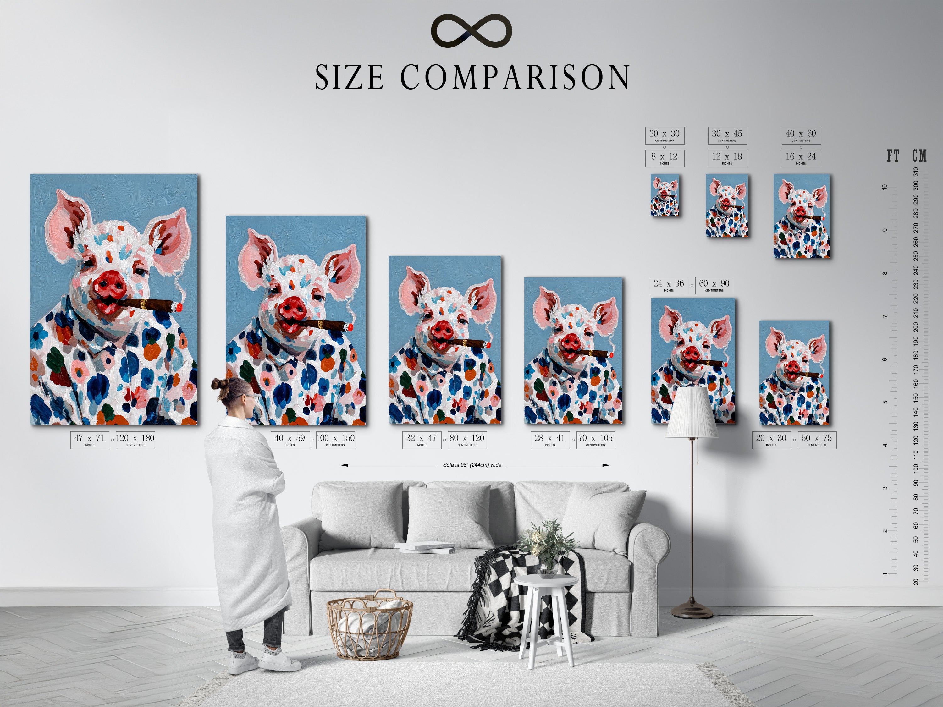 A size comparison chart is displayed in an interior setting. The chart showcases various sizes for the pig art canvas print. This helps visualize how the artwork will fit in your space. The colorful farm animal art adds a whimsical touch to any room. Choose the perfect size to enhance your home decor.