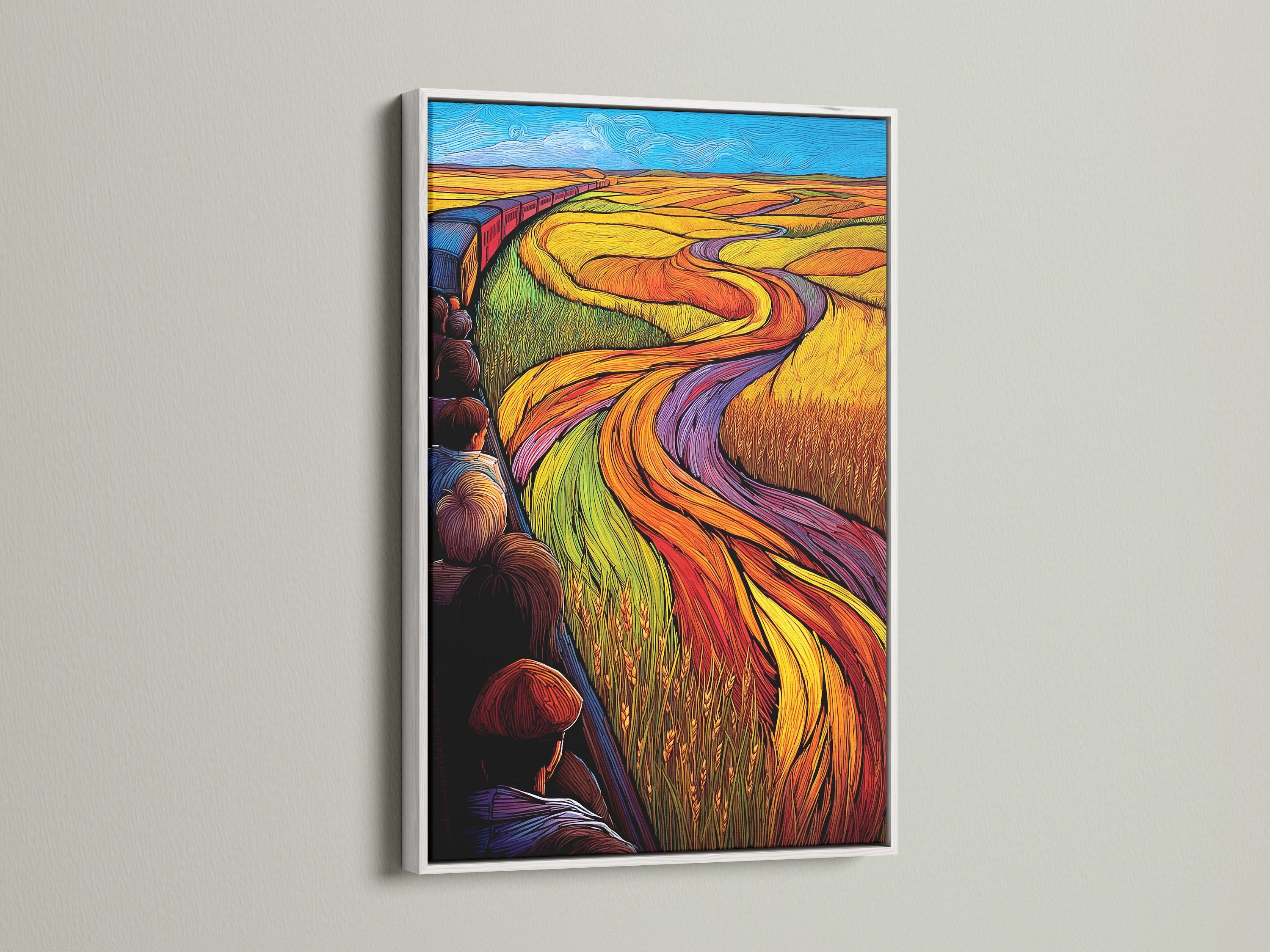 White frame showcasing 'Train Journey' artwork with vibrant colors. The white frame provides a clean and modern look enhancing the art. This colorful landscape wall art is ideal for minimalist or Scandinavian interiors. The train artwork adds a travel-inspired theme to your home or office decor. Enhance your space with this journey print.