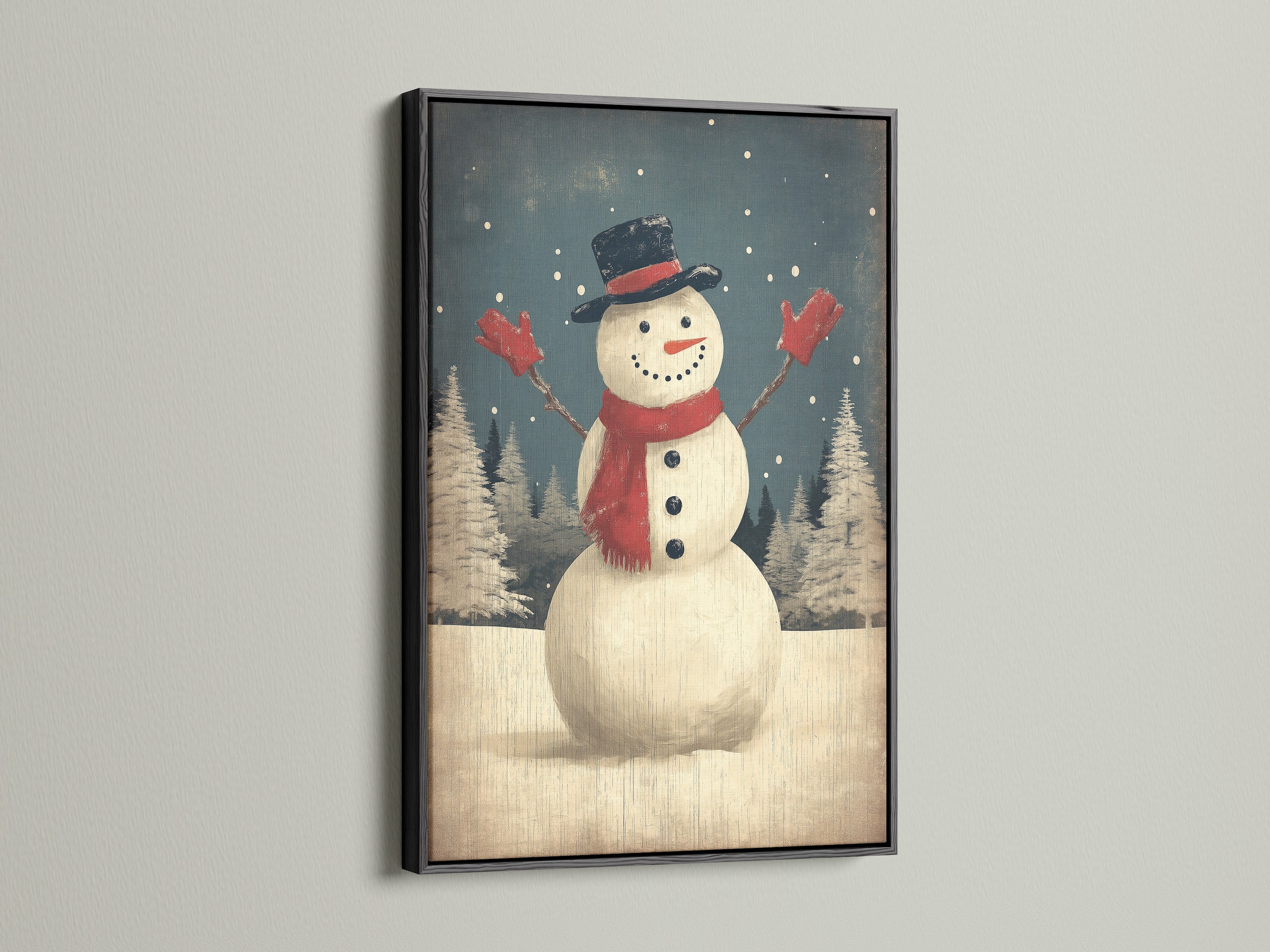 A striking snowman winter art print is presented in a sleek black frame. This christmas wall decor adds a touch of elegance to any space. The artwork complements both rustic and modern interiors.