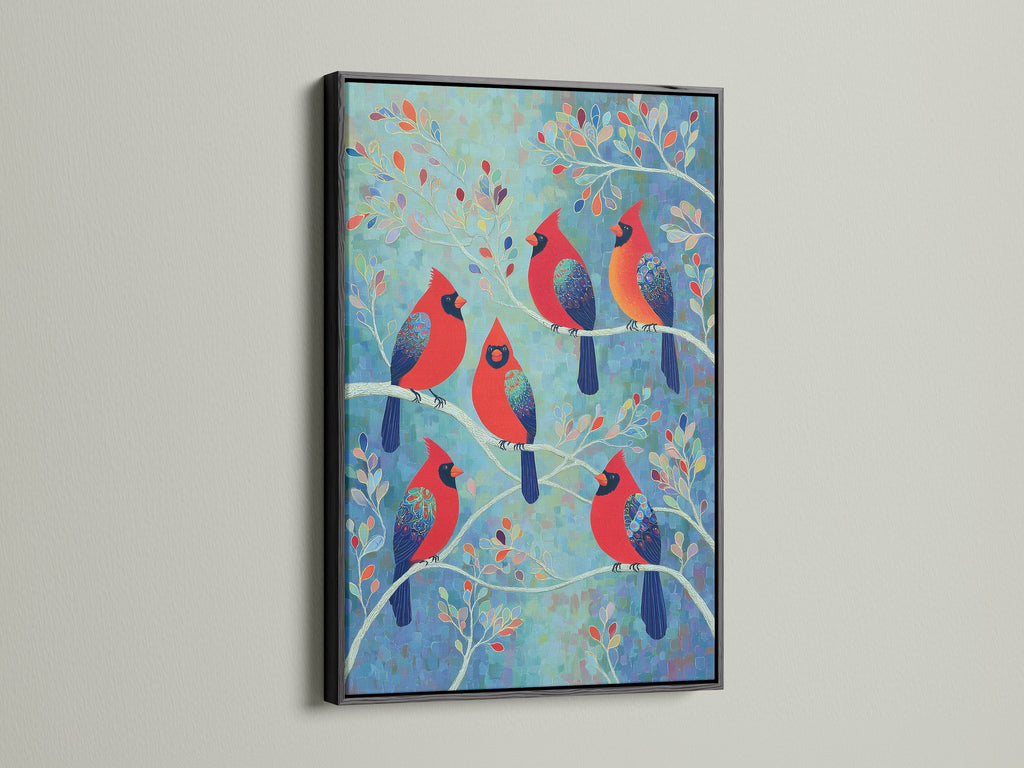 View the 'Cardinal Birds' artwork in a sleek black frame. A modern choice for bird canvas prints. This black frame provides a striking contrast to the vibrant colors of the avian artwork.