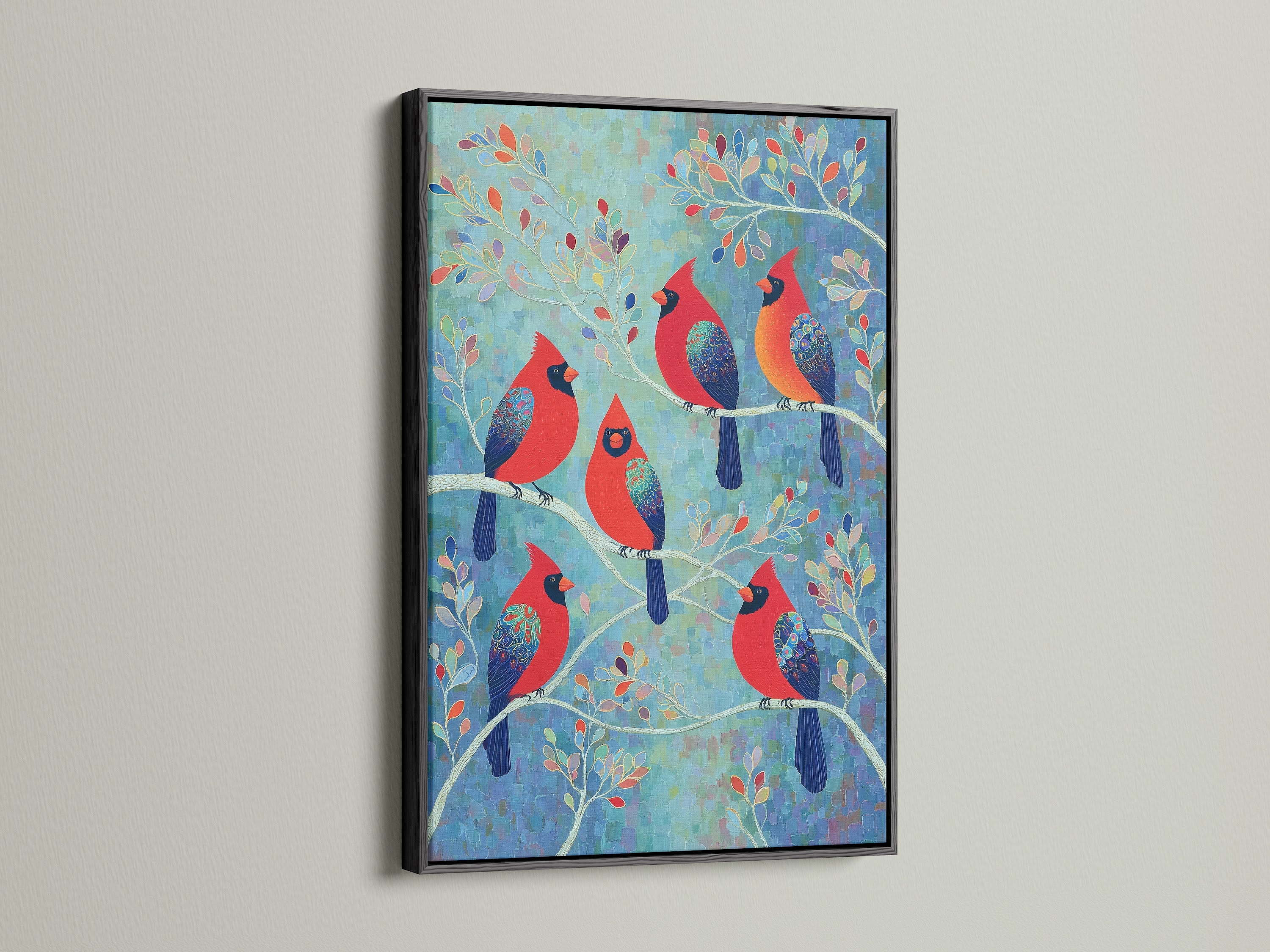 View the 'Cardinal Birds' artwork in a sleek black frame. A modern choice for bird canvas prints. This black frame provides a striking contrast to the vibrant colors of the avian artwork.