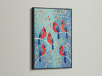 Add a touch of sophistication to your space. The cardinal art is displayed in a sleek black frame. This modern bird print is ideal for any room. Bring color and elegance to your home with this stunning artwork. The perfect birdwatcher gift.