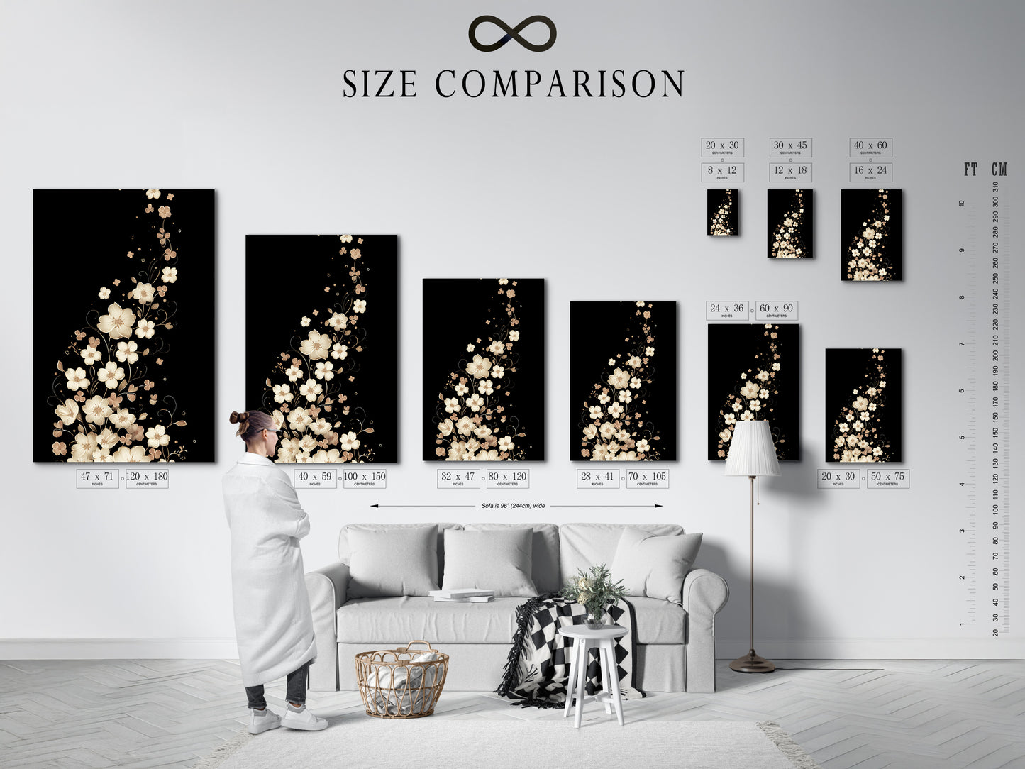 The size comparison chart is shown in an interior setting. This helps visualize the different sizes. It shows how the floral canvas print will look in your space. Choose the perfect size for your bedroom artwork.