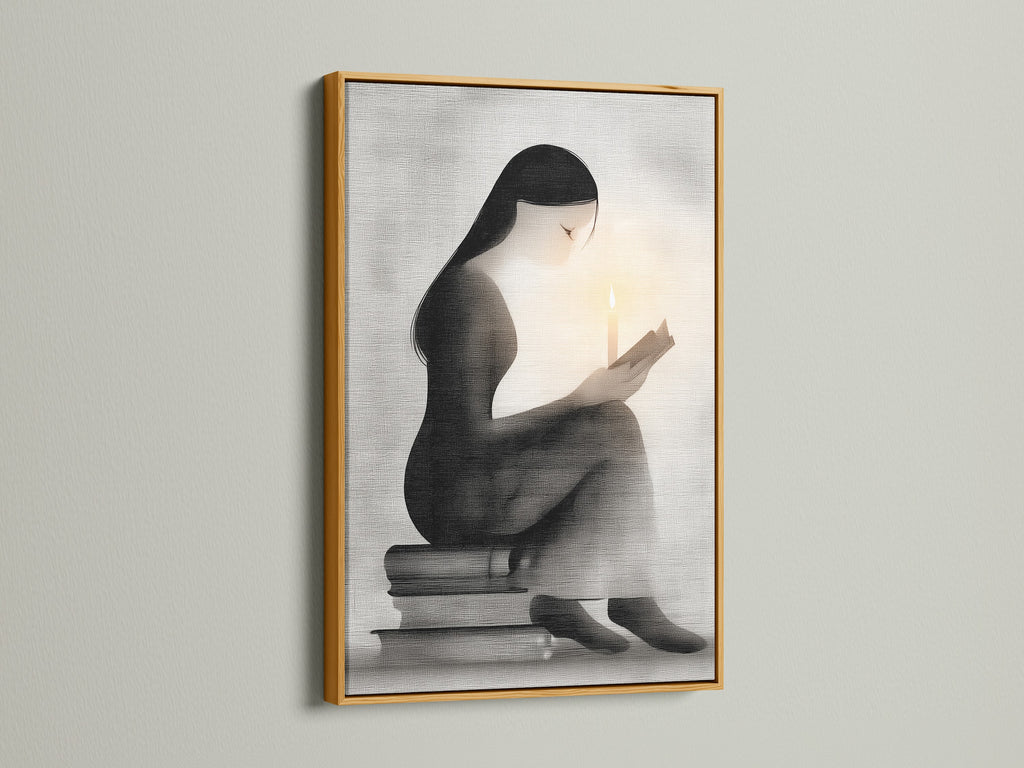 Minimalist woman reading art in a gold frame. This study room decor makes a great gift. Enhance quiet spaces with this monochrome art. A sophisticated grayscale print for any setting. Perfect book lover gift.
