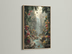 Tropical Waterfall wall art showcased in an oak frame. The artwork depicts a serene jungle scene with a waterfall and butterflies. Vibrant flora lines the clear water's edge.  This framed canvas adds a natural touch to your interior. Perfect wall decor for living rooms and bedrooms.