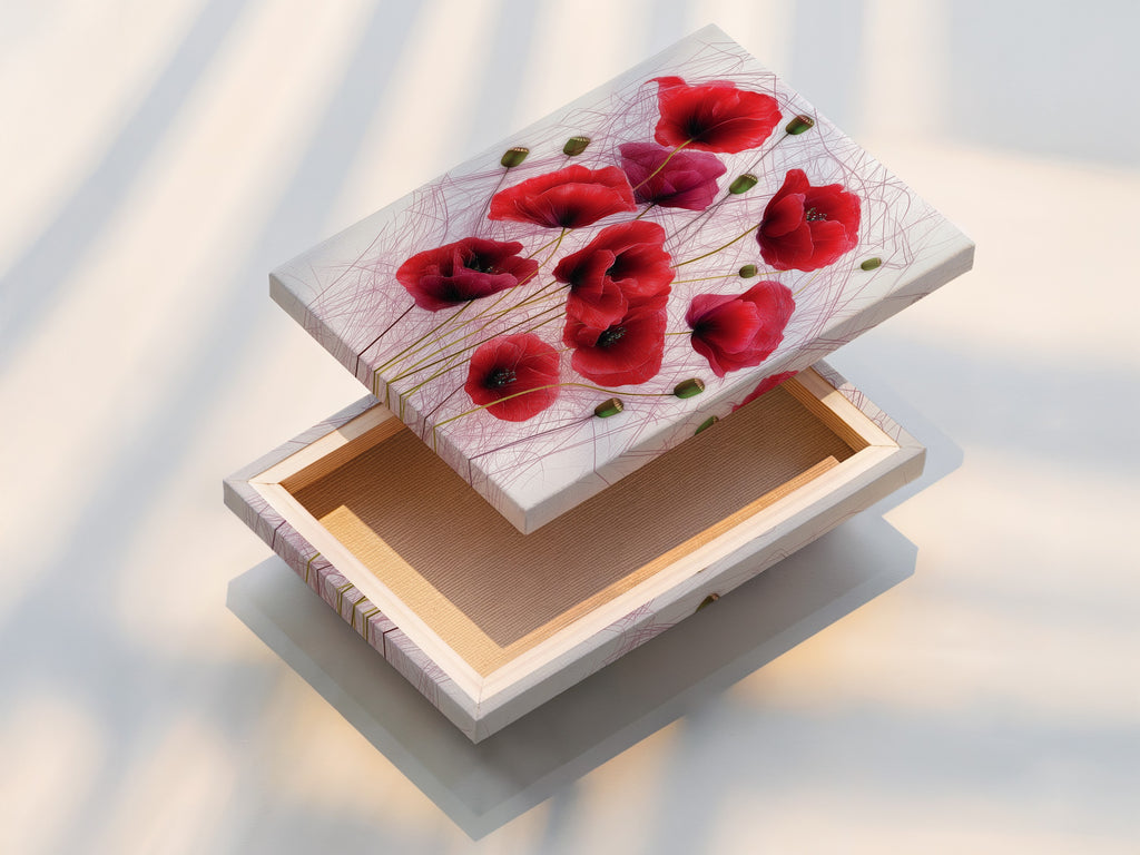 A stretched canvas print showcases the vibrant red flower print. The canvas texture enhances the botanical artwork. Ready to hang and enjoy in your home. Ideal for living room wall art.