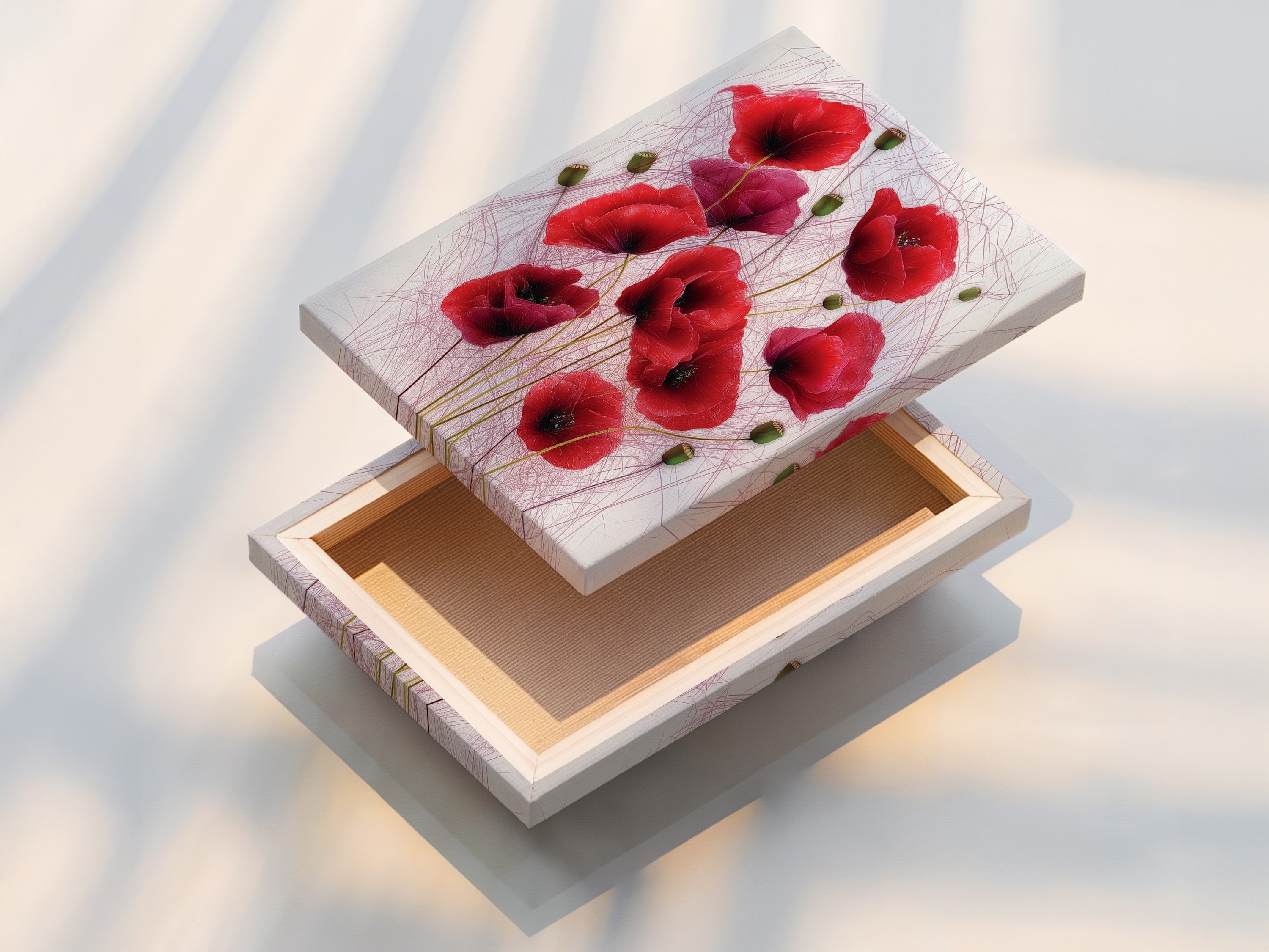 A stretched canvas print showcases the vibrant red flower print. The canvas texture enhances the botanical artwork. Ready to hang and enjoy in your home. Ideal for living room wall art.