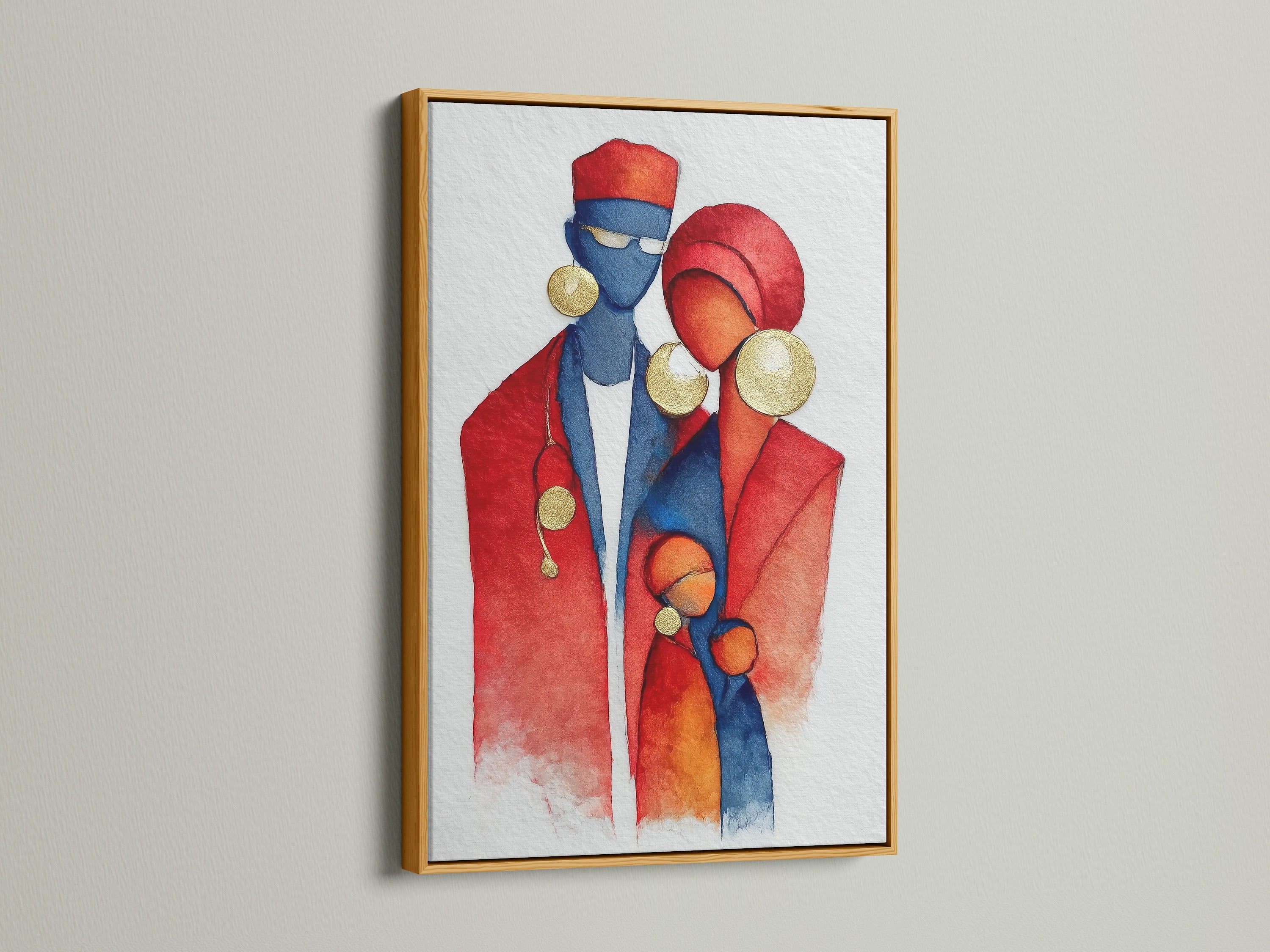 A gold frame enhances this watercolor print of an African family. The artwork's red and blue colors create a striking visual. The contemporary art piece is suited for office or home decor. The cultural canvas celebrates african heritage. Consider this tribal art print.
