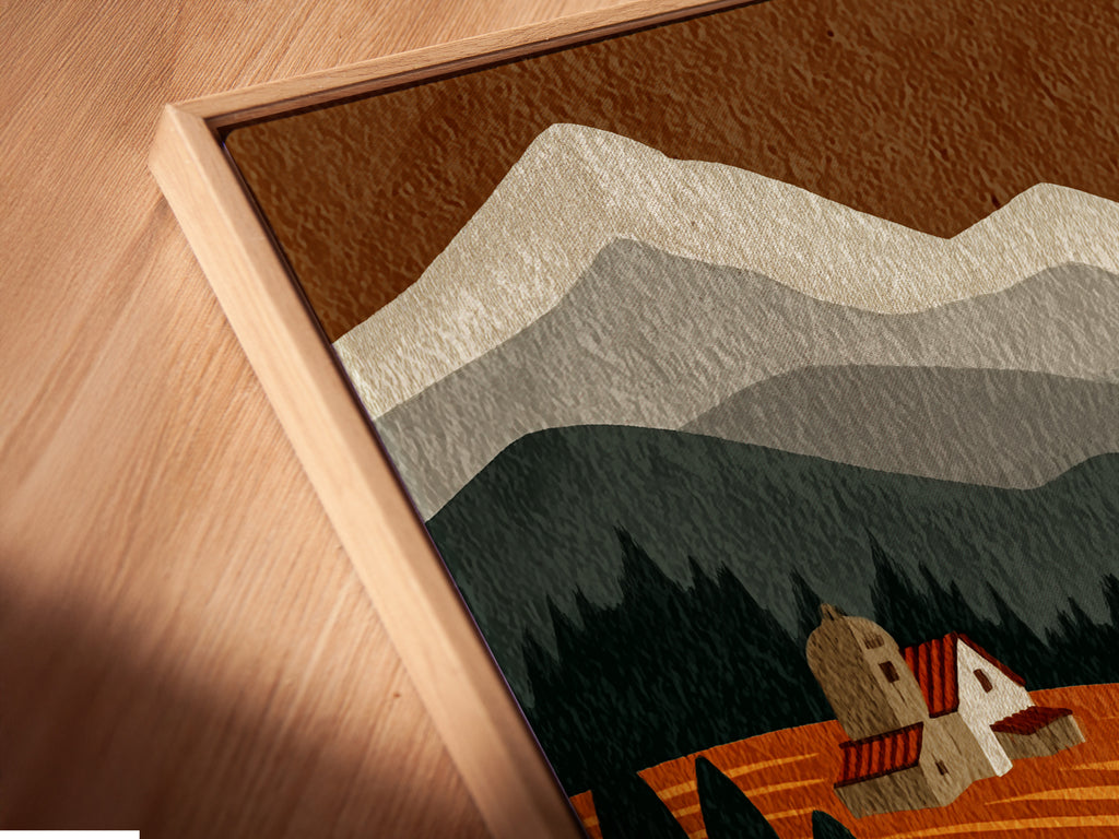 Angled close up of a Tuscany Landscape canvas print in a floating frame. The fine art details and texture are clearly visible. Perfect for adding a touch of elegance to any room. This piece is a great focal point.