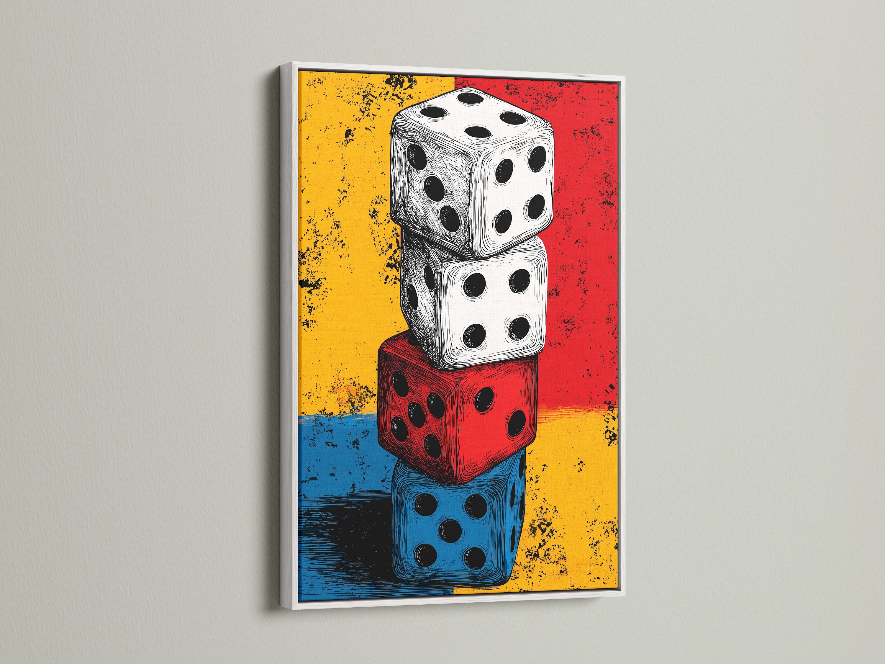 Vintage Dice artwork in a white frame. This vintage gaming artwork is a great addition to any space. The artwork is a colorful canvas art. Get your pop art print today for your office wall art