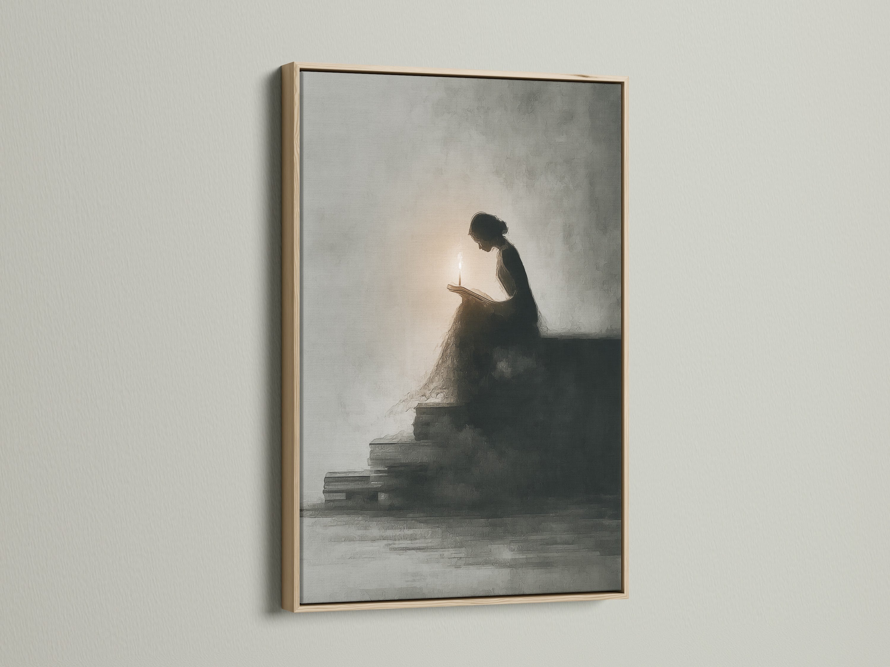 Woman reading by candlelight art in an oak frame. The reading art evokes a gothic mood. Perfect dark academia poster for a study room. The art is ideal for a book lover gift.