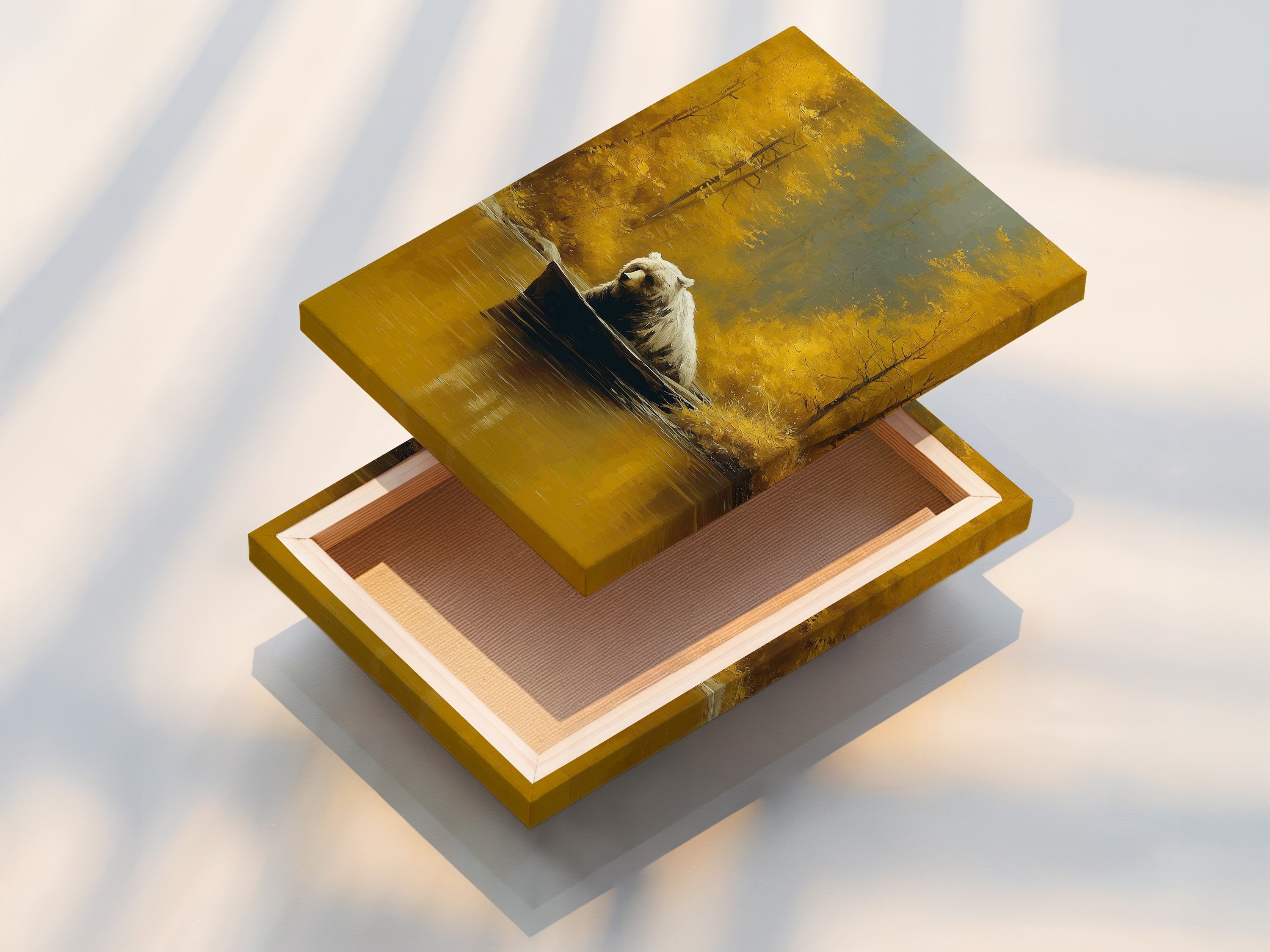 See the beauty of this stretched canvas print. The artwork features a bear in a boat in an autumn setting. The stretched canvas provides a gallery-ready look. Perfect for living room wall art or cabin decor. A durable and visually appealing option. Enhance your space with this captivating artwork.