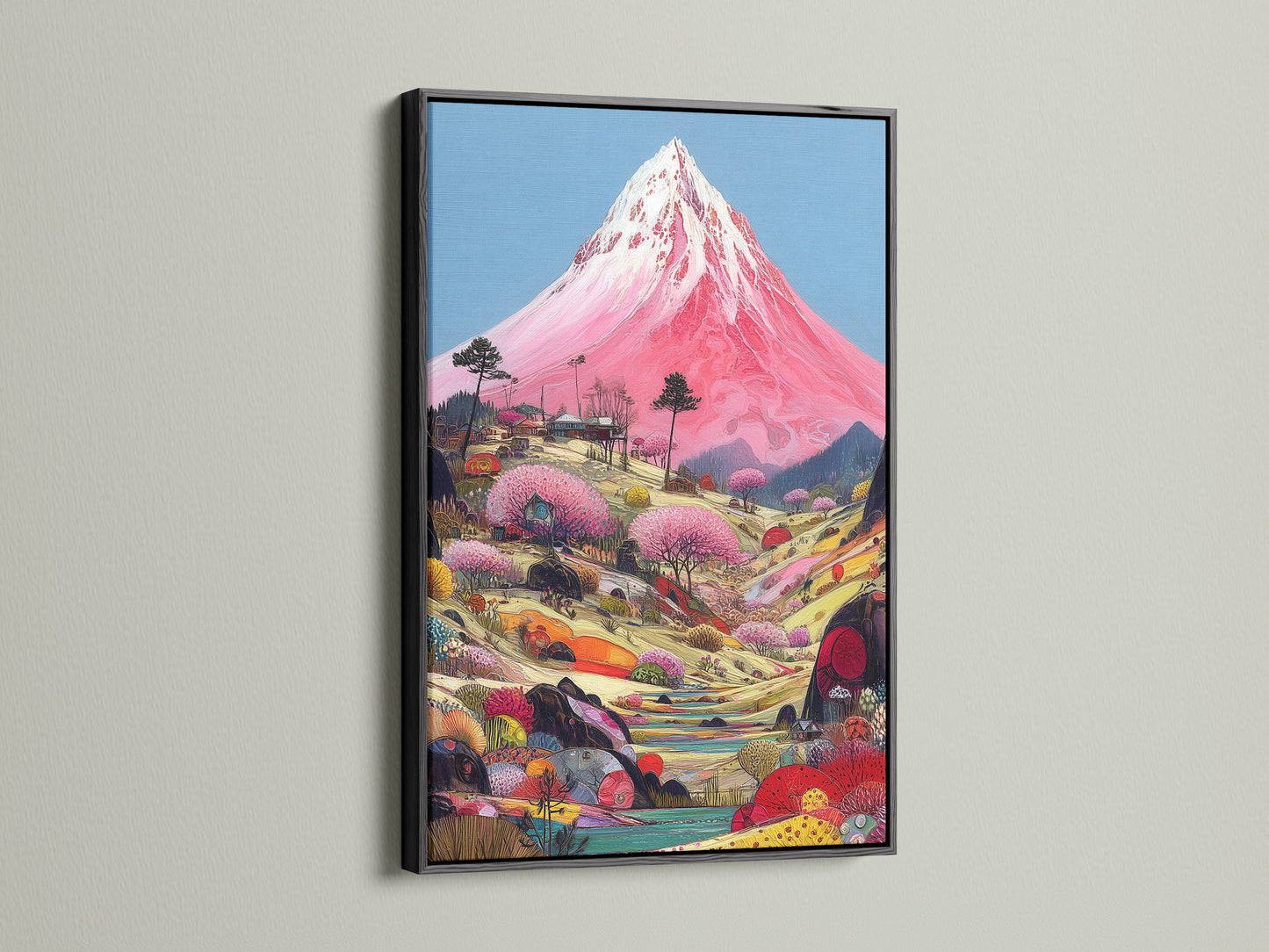 Add a touch of sophistication with a black frame around your Mount Fuji art. This classic frame enhances the pink landscape. It's ideal for creating a focal point in your living room. The black frame complements eclectic styles.