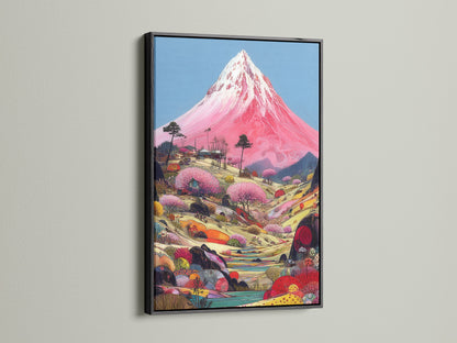 Add a touch of sophistication with a black frame around your Mount Fuji art. This classic frame enhances the pink landscape. It's ideal for creating a focal point in your living room. The black frame complements eclectic styles.