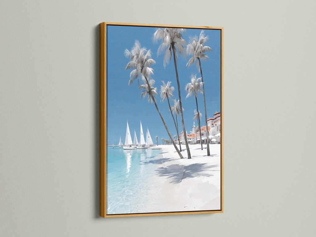 Tropical beach canvas print in a gold frame. A turquoise seascape print that complements minimalist and beachy styles. Ocean artwork elevates living rooms bedrooms and offices. Great for vacation homes spas and coastal businesses