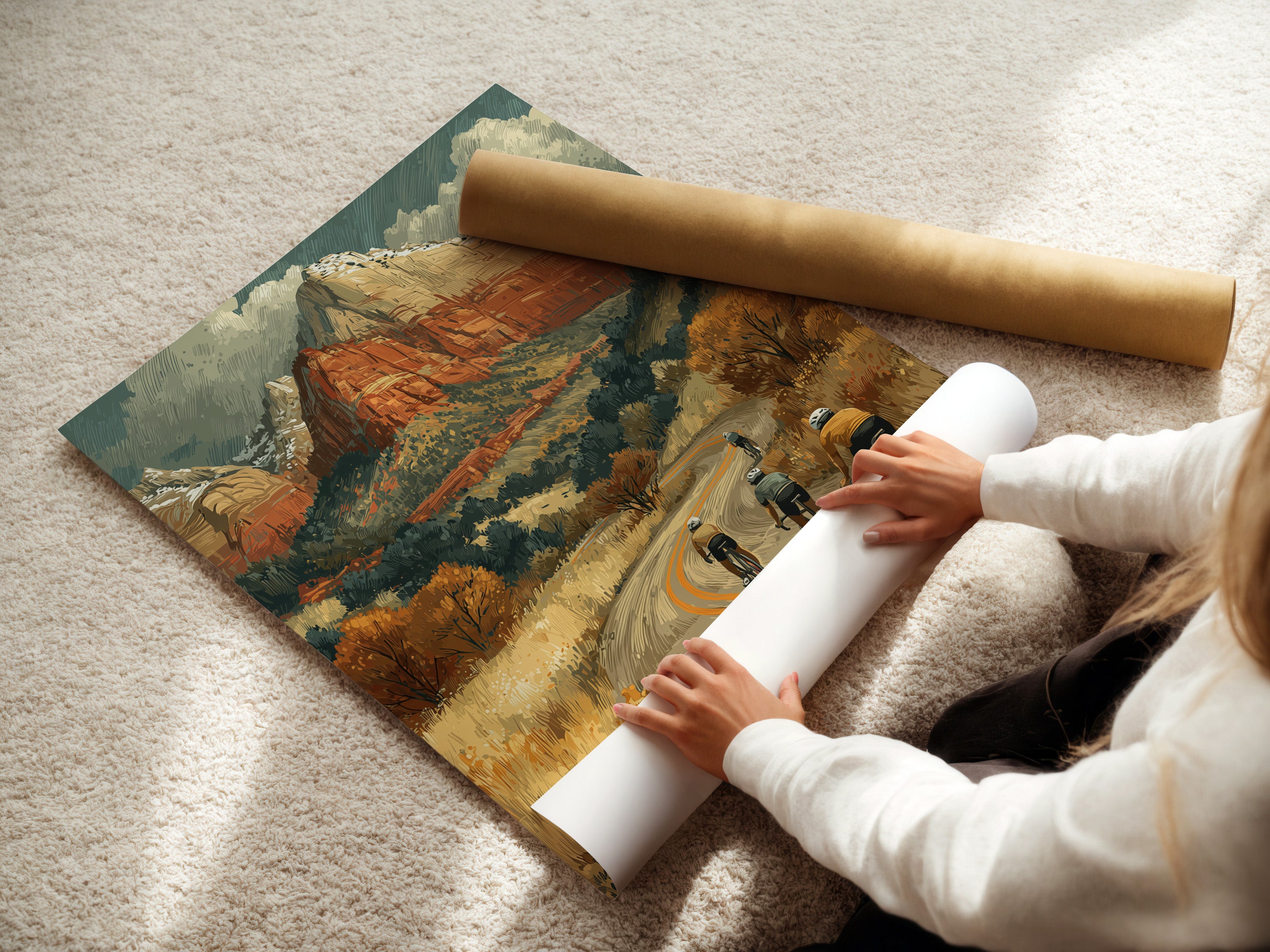 Woman rolling a fine art poster paper. This cycling art print is perfect for travel agencies. Vintage adventure wall art. Desert landscape poster for home office decor. The style is mid-century. 
