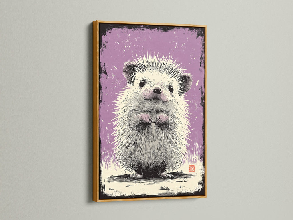 The artwork presents a cute hedgehog in a gold frame. The gold frame adds a touch of elegance. This framed artwork stands out. It creates a luxurious feel. Consider this framed artwork for a sophisticated touch. The art brings a sense of charm.