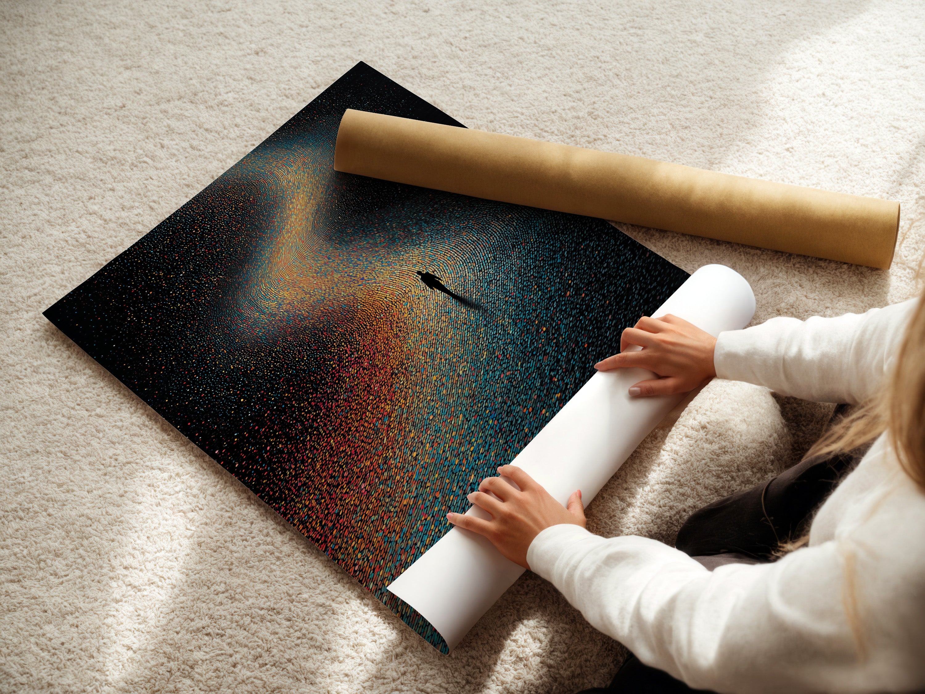 A woman is carefully rolling a fine art poster paper. The paper features a cosmic galaxy artwork. This print captures surreal space art in stunning detail. It is perfect for creating custom wall decor. Explore the possibilities of fine art prints. Transform your space with celestial beauty.