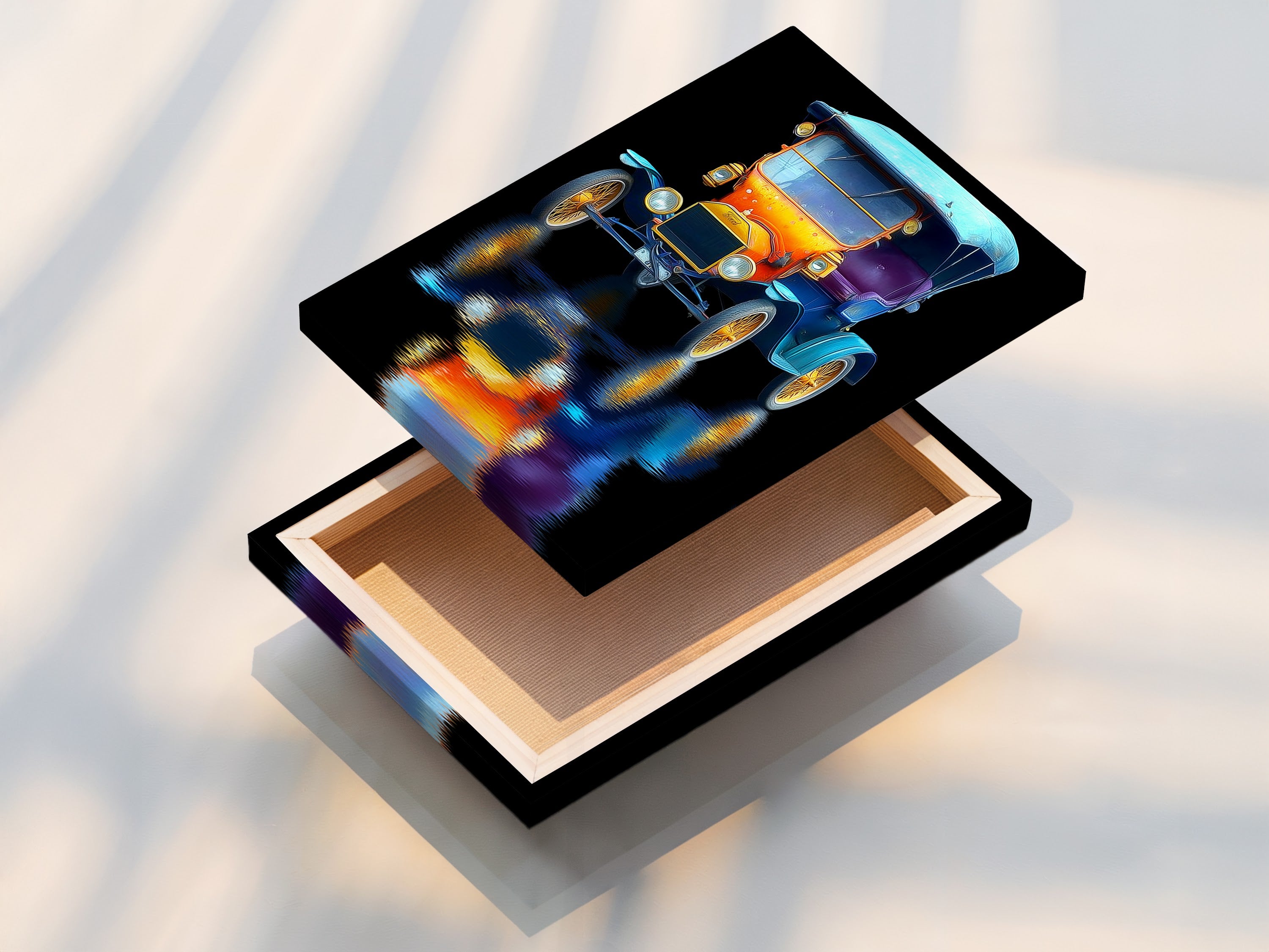 Stretched canvas print of a vintage car. The classic automobile artwork is perfect for creating a focal point. Ideal for showrooms studios and car enthusiast spaces. Ready to hang and enjoy.