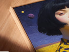 A close-up angled view reveals a canvas print in a floating frame. The artwork showcases a surreal portrait of a woman with a bob haircut. The floating frame enhances the artwork's contemporary appeal. It's ideal for modern spaces.