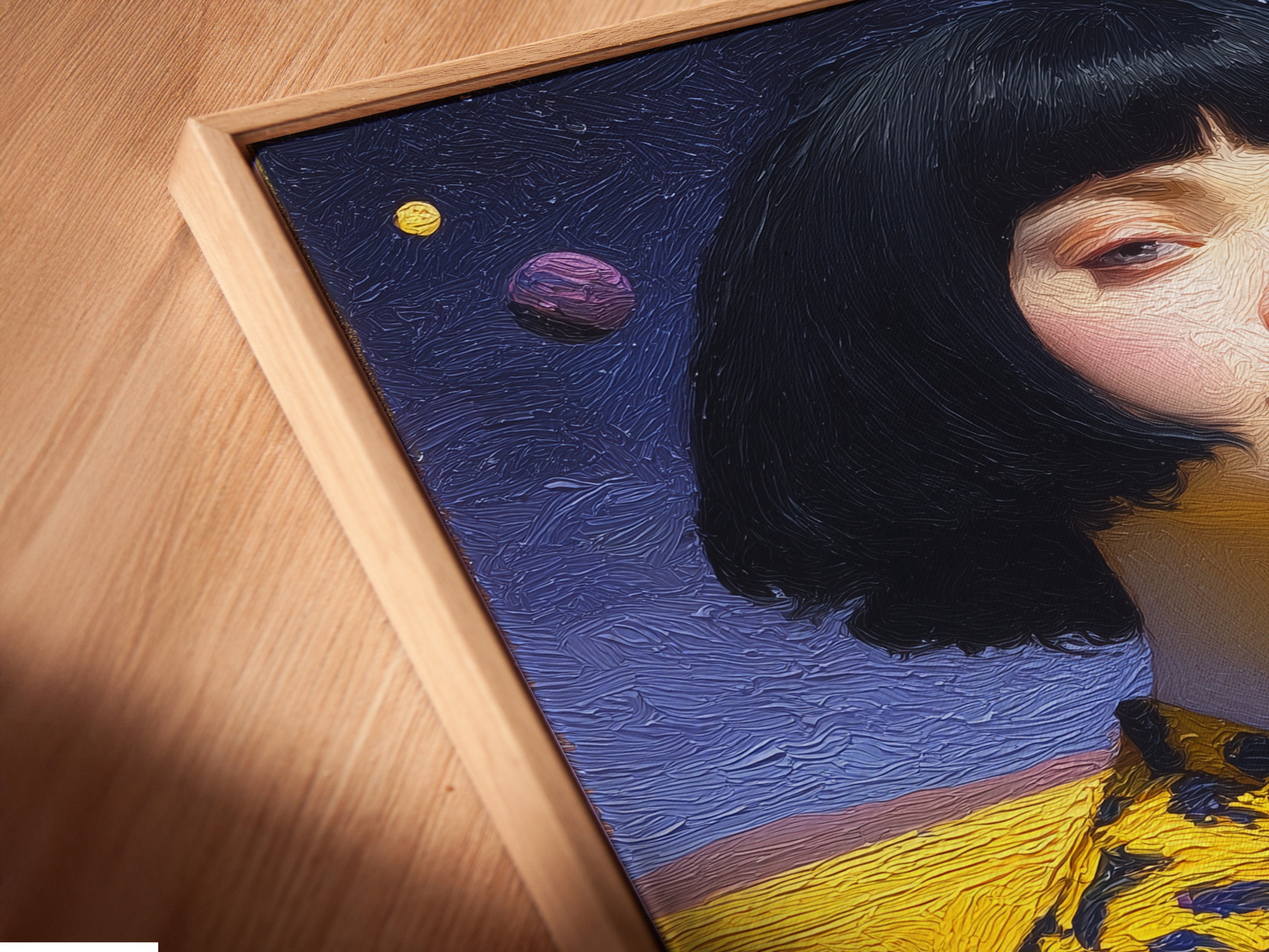 A close-up angled view reveals a canvas print in a floating frame. The artwork showcases a surreal portrait of a woman with a bob haircut. The floating frame enhances the artwork's contemporary appeal. It's ideal for modern spaces.