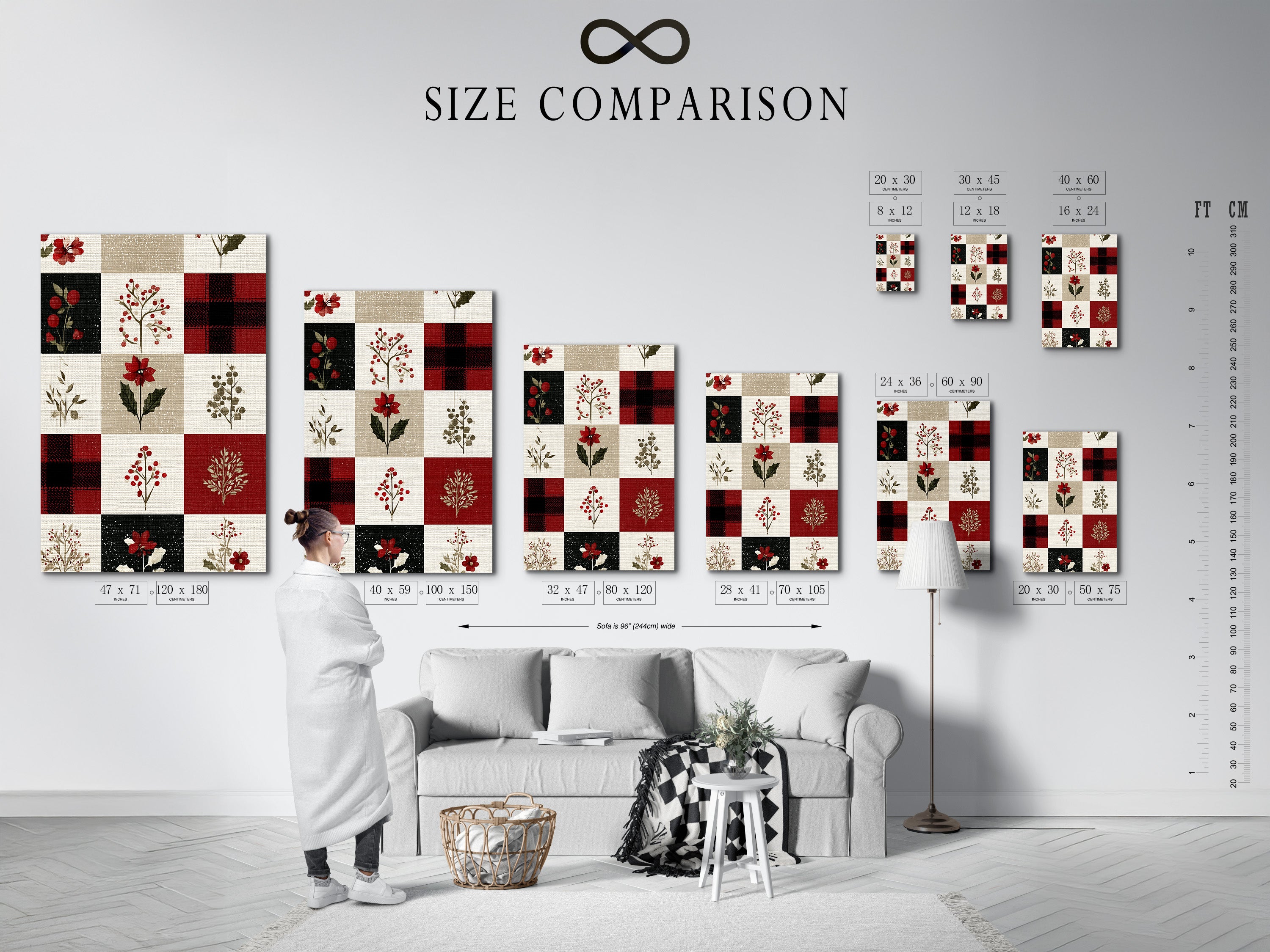 This is a size comparison chart displayed in an interior setting. The chart shows different sizes of artwork. It helps visualize how each size will look in a room. The artwork is displayed on a white wall.