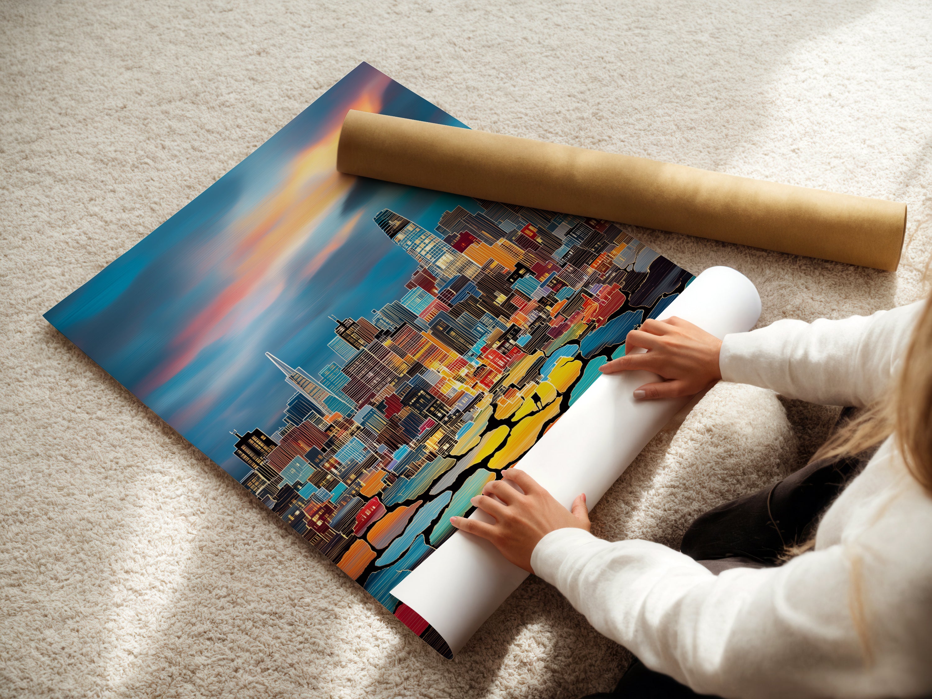 A woman carefully rolls a fine art poster paper. She ensures it stays in pristine condition. High-quality poster paper is essential for preserving cityscape art and modern prints.