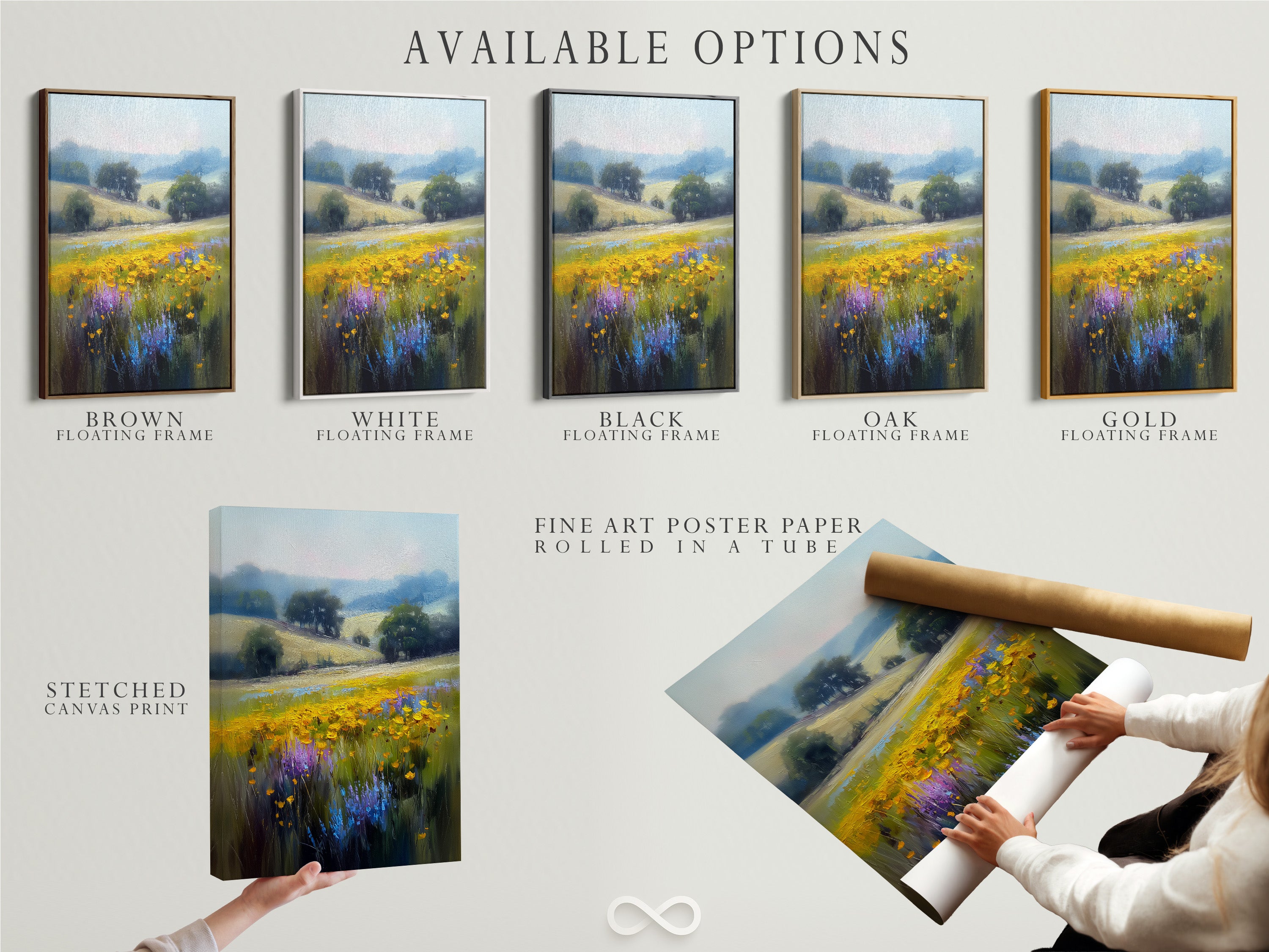 Available options for the wildflower meadow artwork are displayed. Choose from a stretched canvas print fine art poster paper or a floating frame. Each option enhances the artwork's impressionist details and vibrant colors. Find the perfect fit for your home or office decor. Elevate your space with this country landscape.