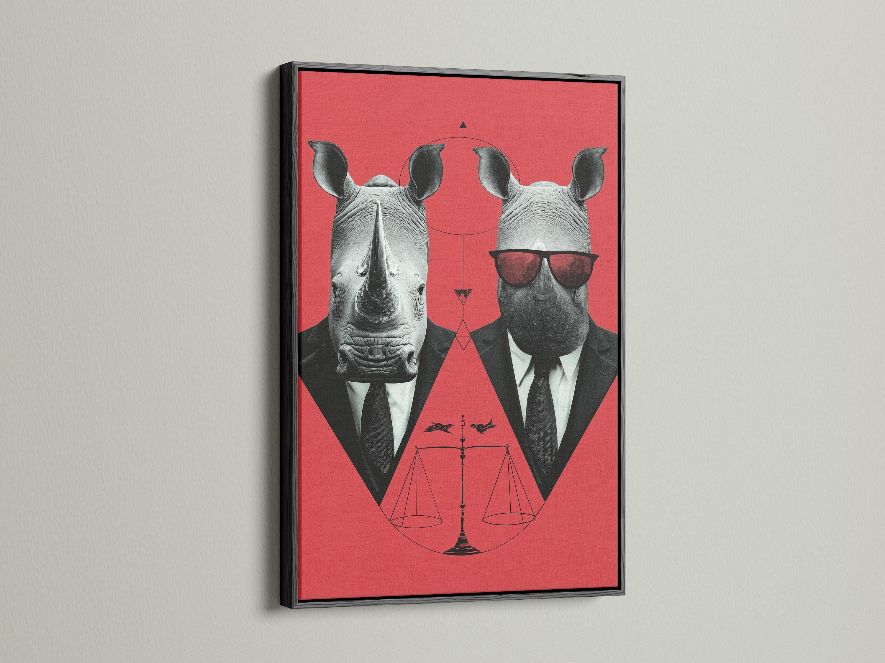 Rhino Business Suit artwork with a black frame. The black frame complements the red wall art beautifully. This animal portrait art is ideal for entrepreneurs and art enthusiasts. It creates a memorable atmosphere in modern offices.