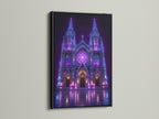 A black frame adds drama to this neon architecture artwork. This cyberpunk decor makes a bold statement. The black frame intensifies the purple church print. Gothic wall decor never looked so good. Enhance your office wall art today.